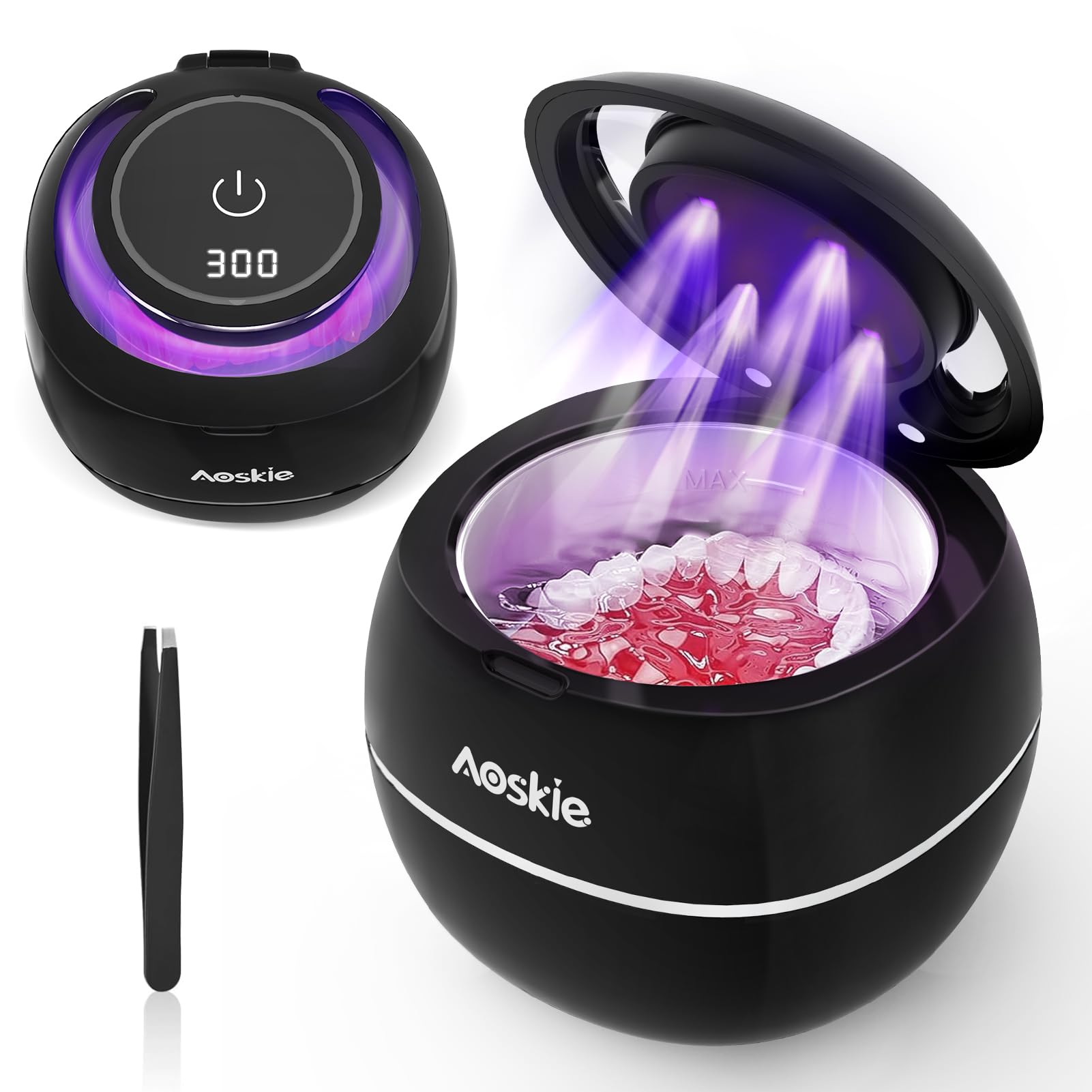 Aoskie Pulitore a Ultrasuoni 42kHz 30W con Lampada UV, 180ML – Pulizia Profonda per Protesi Dentarie, Allineatori, Paradenti, Gioielli e Testine per Spazzolino – Ideale per Casa e Viaggio