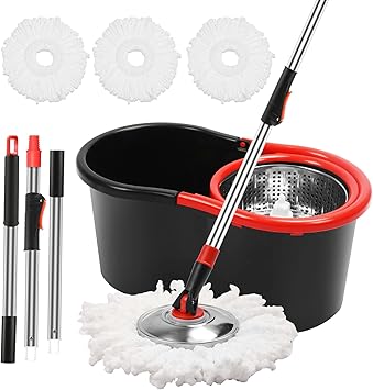 Spin Mop and Bucket with Wringer Set, 360 Spinning Mop and Bucket System with 3 Microfiber Mop Replacement Heads and 51" Stainless Steel Adjustable Handle for Mop Floor Cleaning