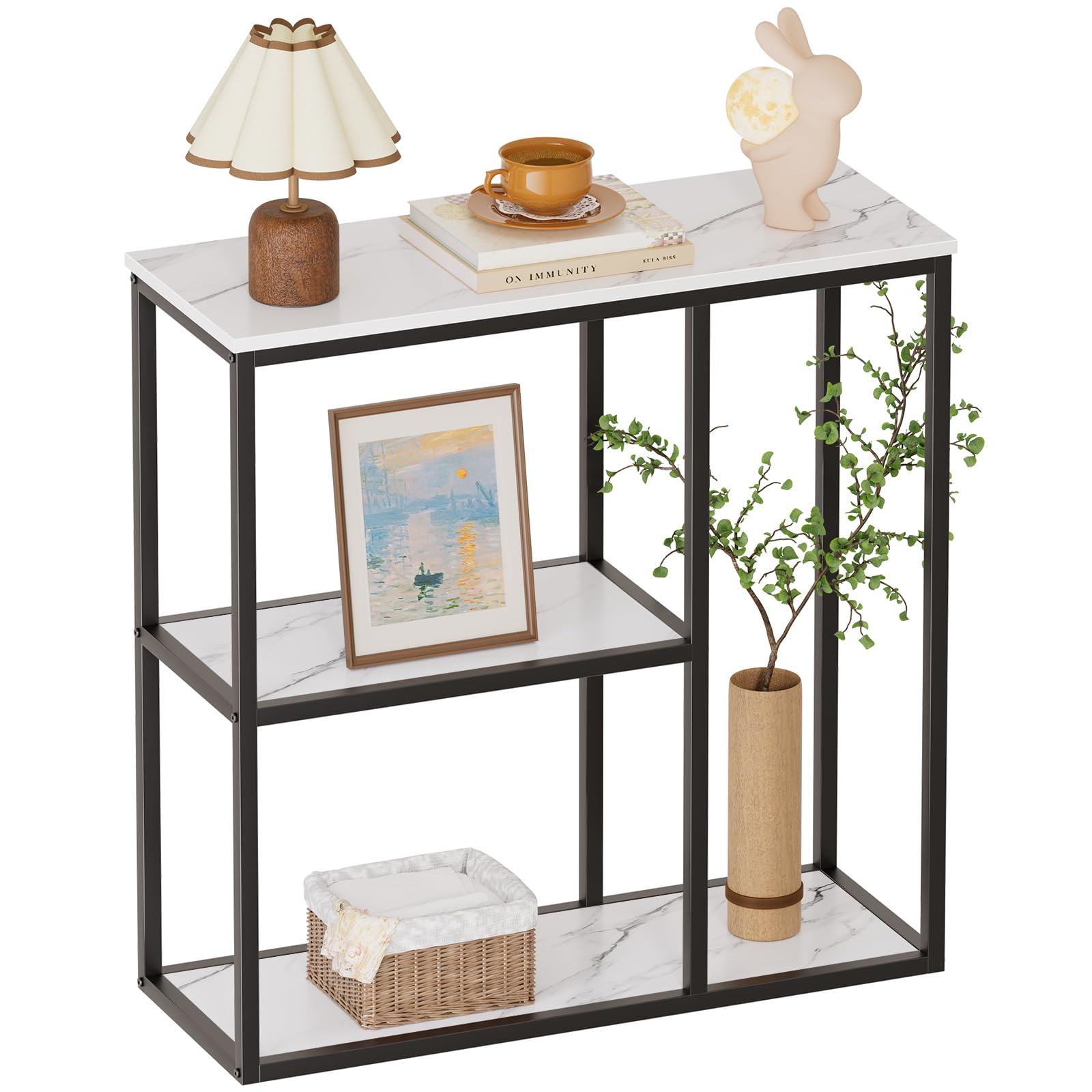 WOHOMO Console Table, 12 Inch Narrow Entryway Table for Living Room, 31.5 Inch Modern Industrial Sofa Table with 3-Tier Storage Shelves for Corridor, Hallway, White Marble