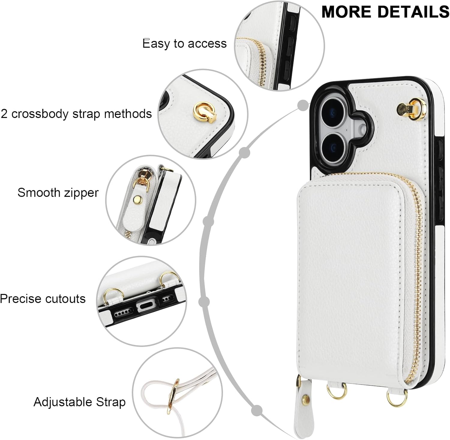 KIHUWEY Crossbody Wallet Case for iPhone 17, Zipper Pocket Case with Card Holder, PU Leather RFID Blocking Protective Cover Case with Kickstand Detachable Wrist Strap Lanyard 6.3" (White)