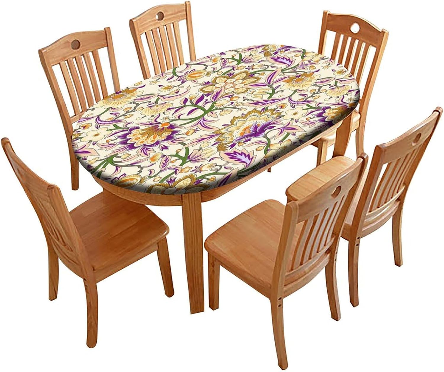 Abstract Flower Pattern Printed on Oval Table Protector, Elastic Tablecloth, Table Pads for Dining Room Table Rectangular, Fits for 48" x 68" Oval Table