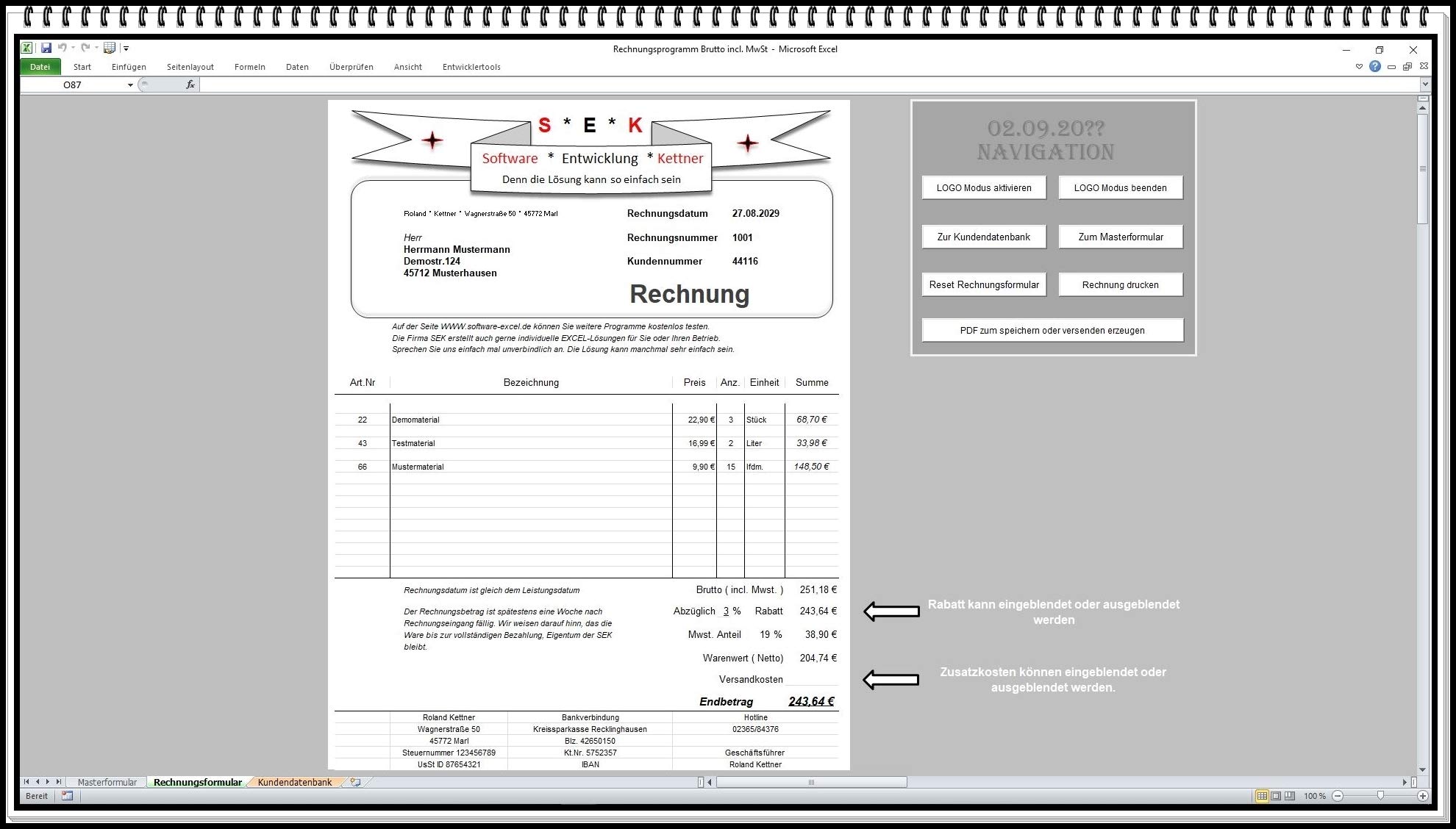 SEK Easy Faktura Rechnungssoftware für Kleinunternehmer §19 UStG