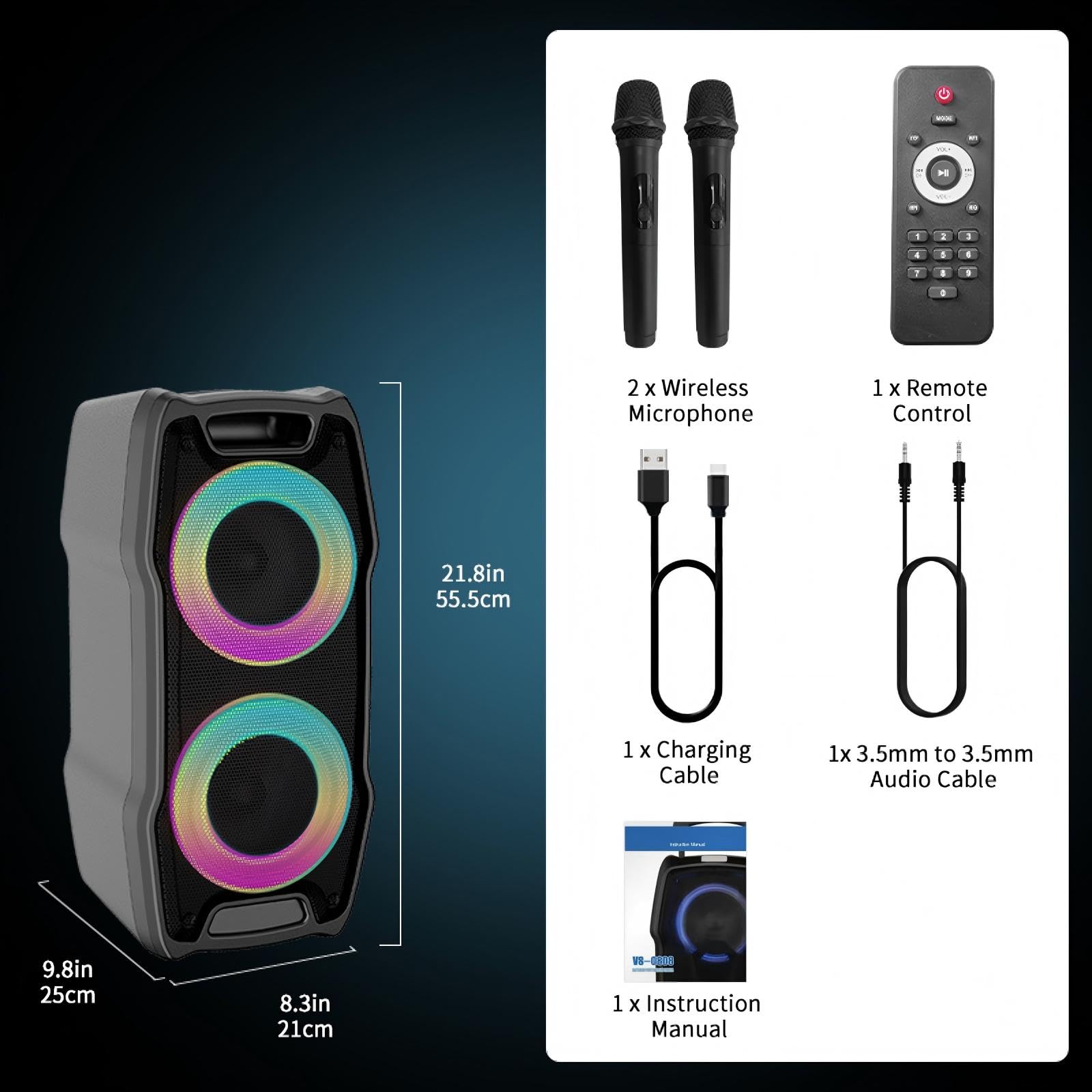 VeGue Machine de karaoké avec 2 Microphones sans Fil, Grand 10" Woofer Bluetooth Enceinte Sono Portable avec Boule de Disco, Karaoké Machine Complet pour Party, Support TWS/REC/AUX/USB/TF (VS-0808)