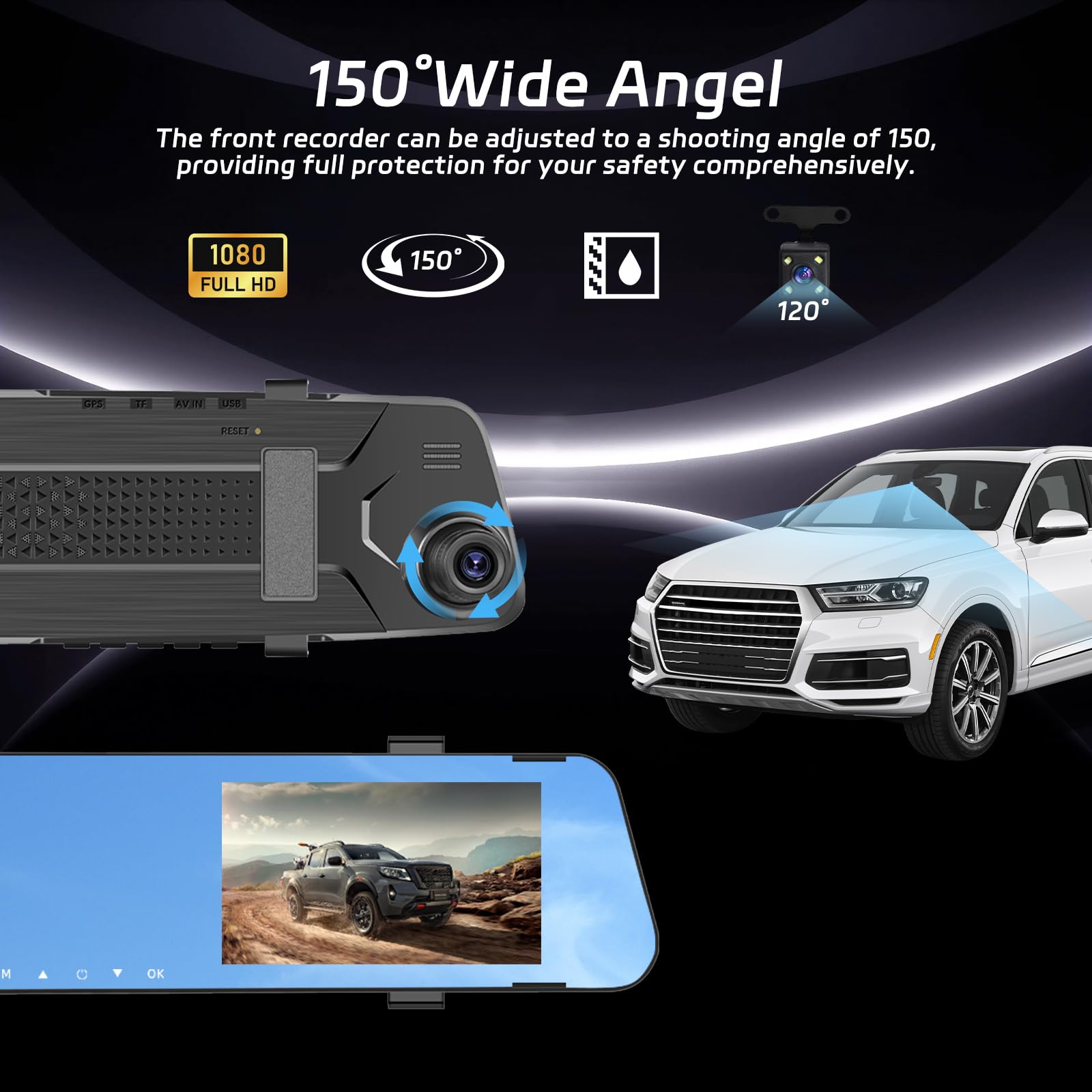 Specchietto Retrovisore Auto con Scheda TF da 64G, Schermo Touchscreen IPS da 4,5 Pollici 1080P/Registrazione in loop/150° Angolazione Ampia/Visione notturna/G-Sensore + Telecamera di Backup
