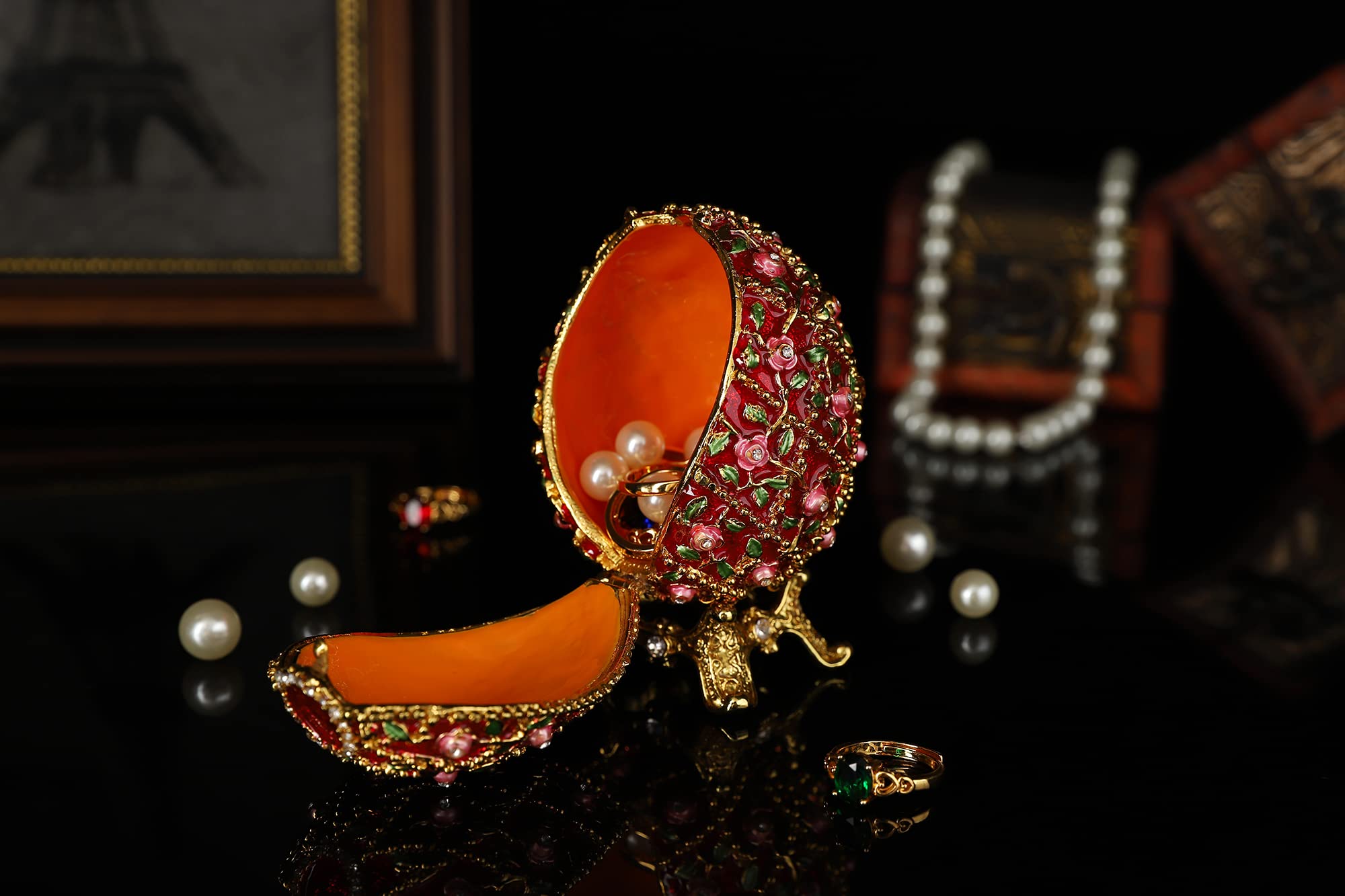 QIFU Figura de huevo Faberge rojo vintage pintada a mano con bisagras, regalo único para la familia..