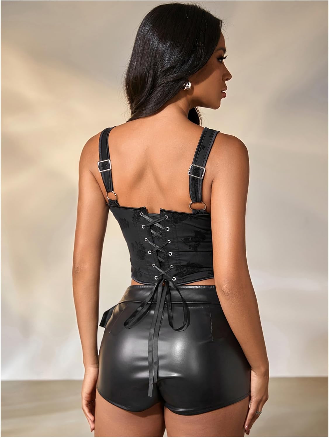 Floerns Women's Floral Deep V Neck Corset Lace Up Back Tank Top Slim Fit Crop Corset Bustier Tops - Image 3