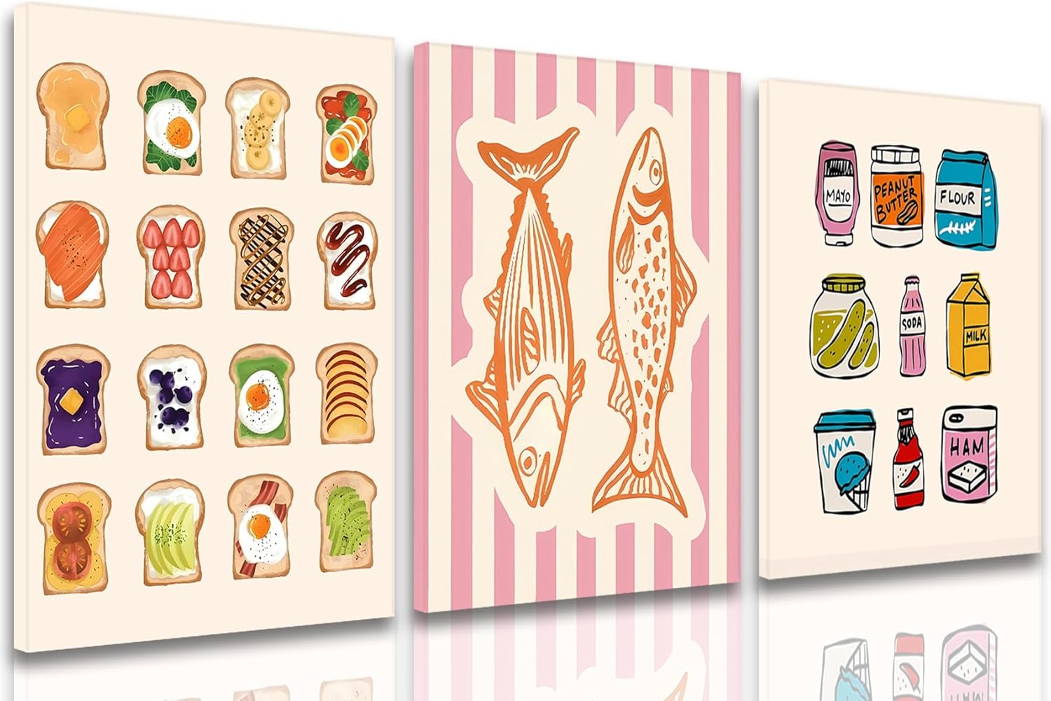 Cute Funny Kitchen Wall Art Set of 3, Fashion Breakfast Food Avocado Toast Canvas Prints Poster, Vintage Simple Sardines Watercolor Picture for Dining Room Kids Room Wall Decor 12x16 Inch Framed Pink Breakfast Foods Wrapped Canvas 12x16in
