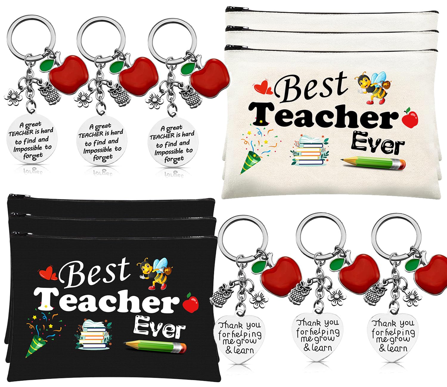 12PCS Teacher Appreciation Gifts Set 6 Teachers Makeup Pouch Cosmetic Bag with Zipper and 6 Teachers Key Chains Thank You Gifts, Christmas Teacher's Day Gift, Graduation Thank You Gifts for Teacher