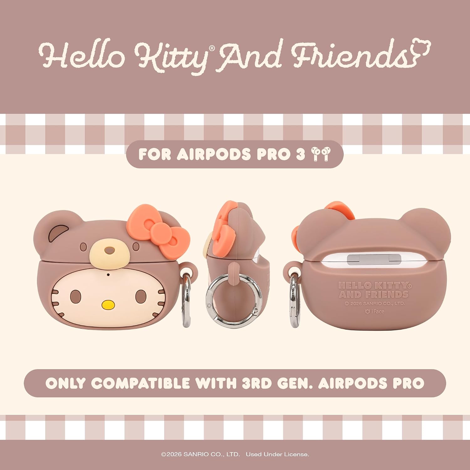 iFace Hello Kitty and Friends Latte Bear Series Compatible with AirPods Pro 3 Case - SuperCute Silicone Protective Cover [Carabiner Clip Included] [Wireless Charging Compatible] – Hello Kitty image 2