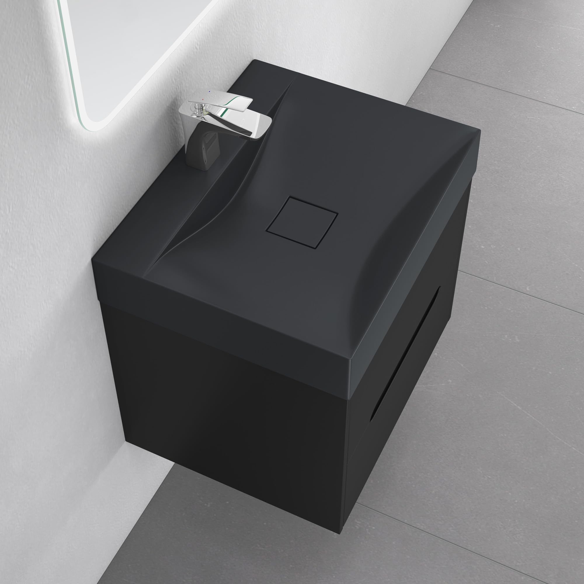 doporro Meuble de Salle de Bain Suspendus Noir Mat 60x48x56cm Ensemble de 2 Pièces Meuble avec Lavabo Design Yoga-Lackier