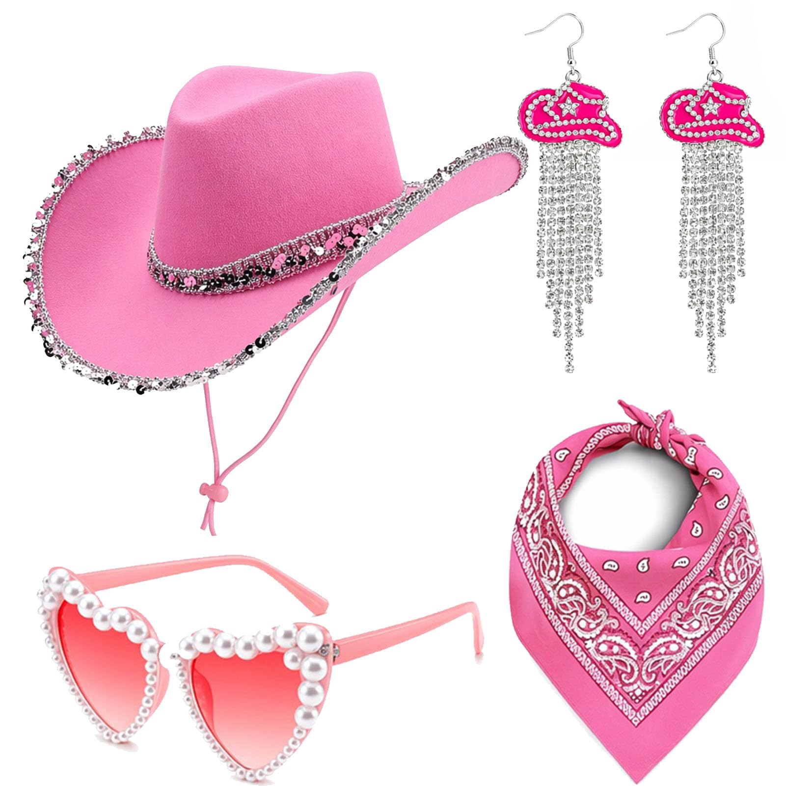 JRZYTX Western Cowboy Hat Set for Women, Sequin Texan Cowboy Hat Bandana Earring Heart Sunglasses Cowgirl Costume Accessory for Hen Night Western Fancy Dress Party (PINK)