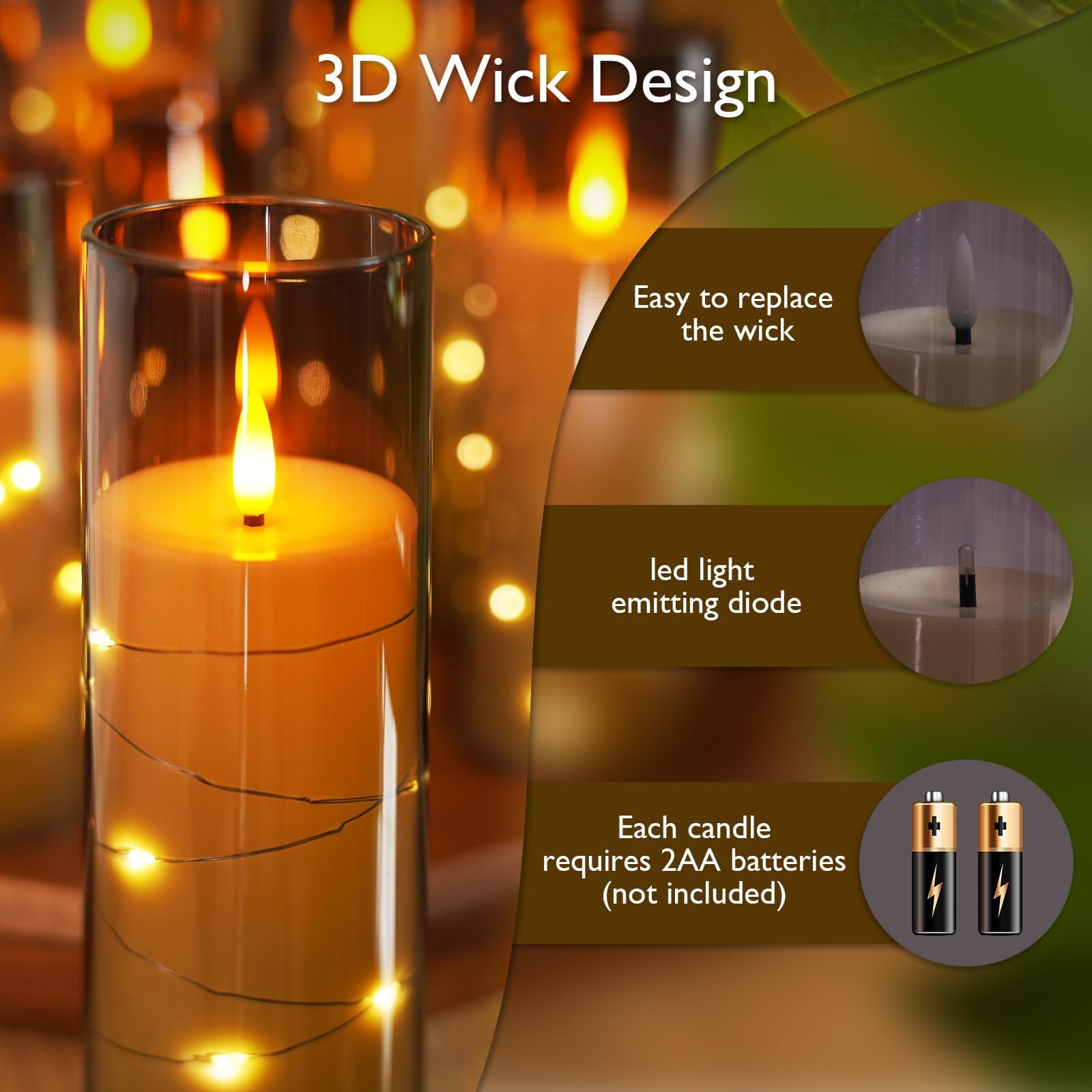 Homemory Flackernden Flammenlose Kerzen mit Lichterkette, Batteriebetriebene Kerzen mit Fernbedienung und Timer, Eingebettete Lichterkette LED-Kerzen, Acryl, Heimdekoration, Grau, 9er-Set | Fernbedienung,Timer, dimmbar, 500 Std. Betriebsdauer,Batteriebetr