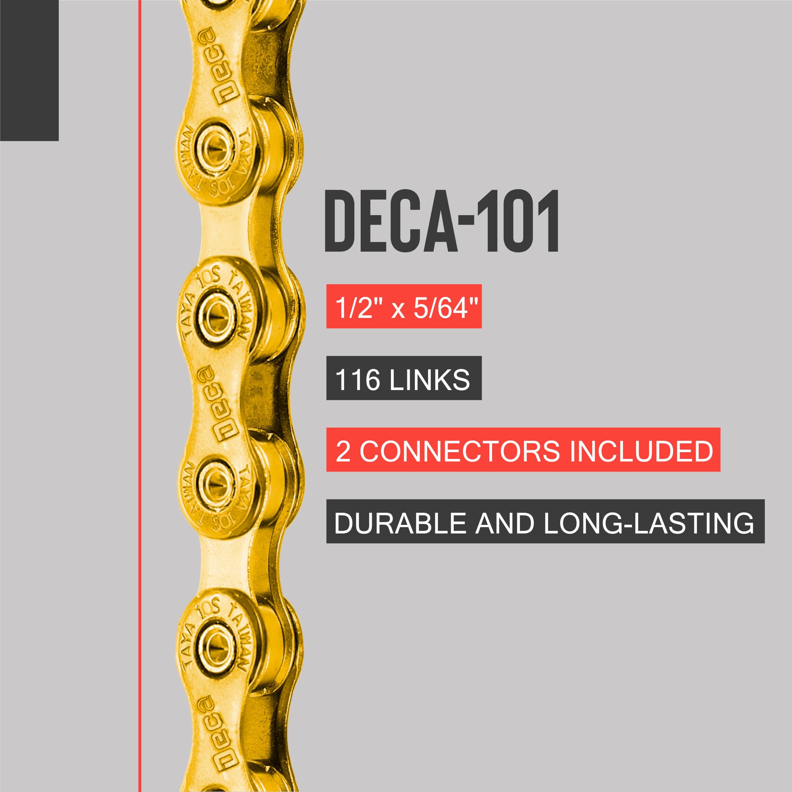 TAYA DECA-101 Chaîne de vélo à 10 vitesses, 116 maillons en Ti-Gold, durable et fluide, pour gravier et VTT