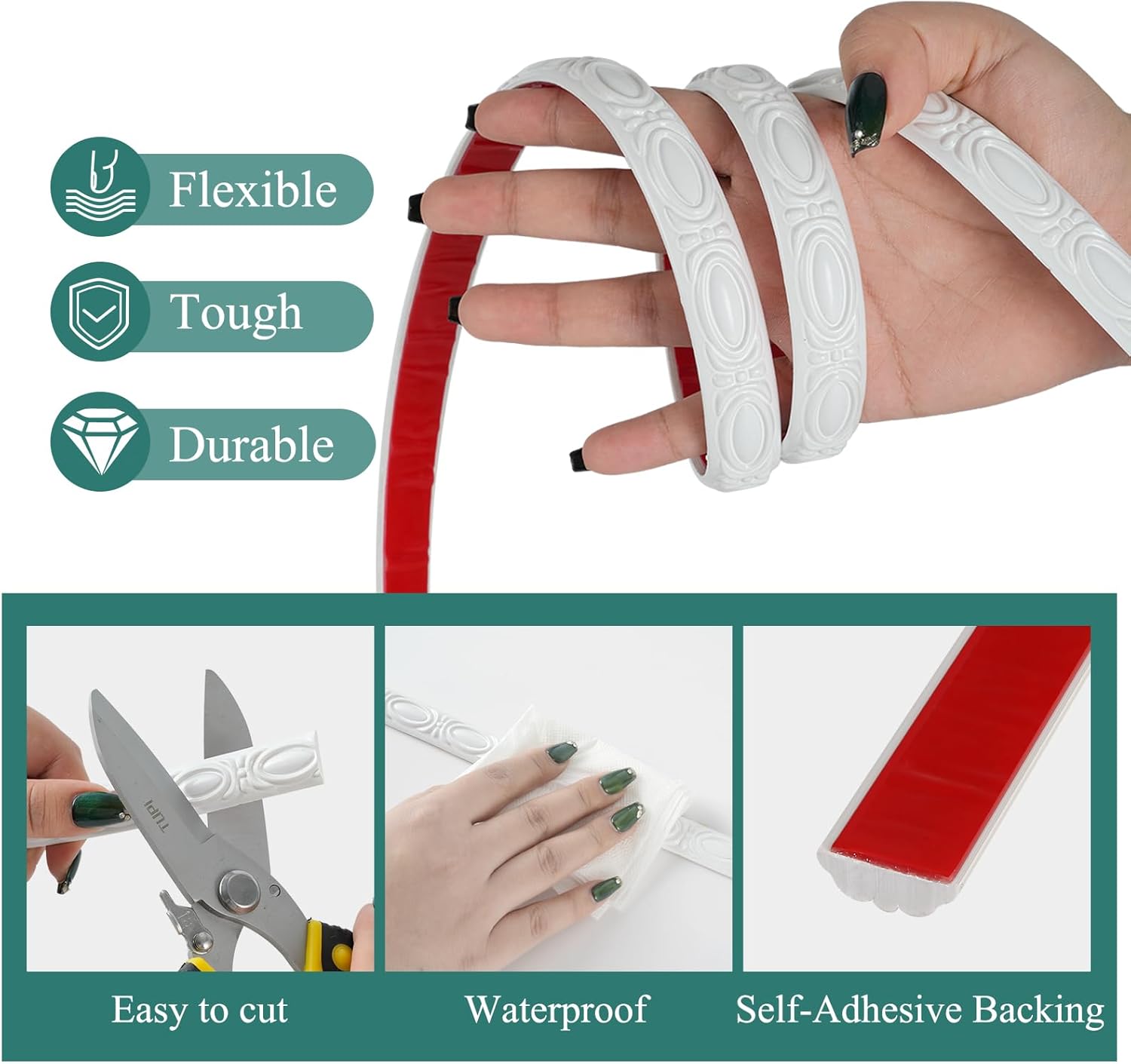 Self-Adhesive Flexible Crown Molding PVC Ceiling & Wall Decoration Trim – 0.7IN*0.28IN, 10 FT Roll Peel and Stick White Wall Trim, DIY Installation for Mirror Edge