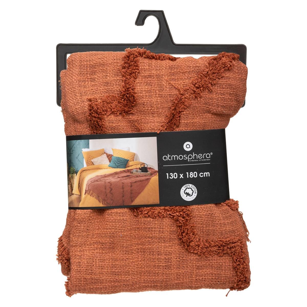 Copriletto Trapuntato ATMOSPHERA 'Inca TC' In Cotone - Terracotta, Motivo Ispirato Agli Inca, Dimensioni 130 X 180 Cm, Per Letto E Divano
