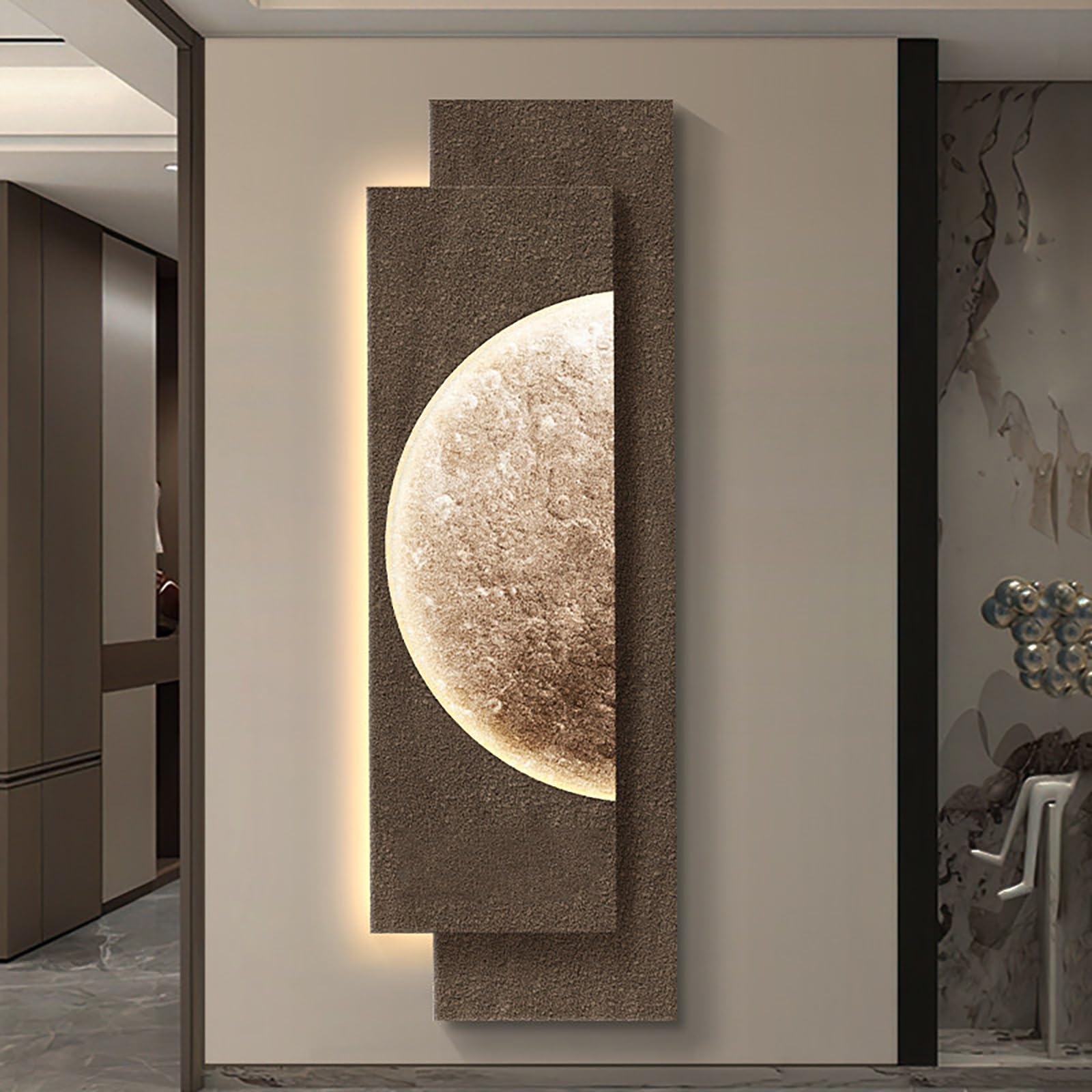 ZCQMSCWW Minimalist 3D Moon Wall Art with LED Light, Sandstone Texture Sculptural Painting for Entryway, Modern Wabi-Sabi Decor for Living Room & Bedroom(A,35 * 100cm/13.7 * 39.3in)