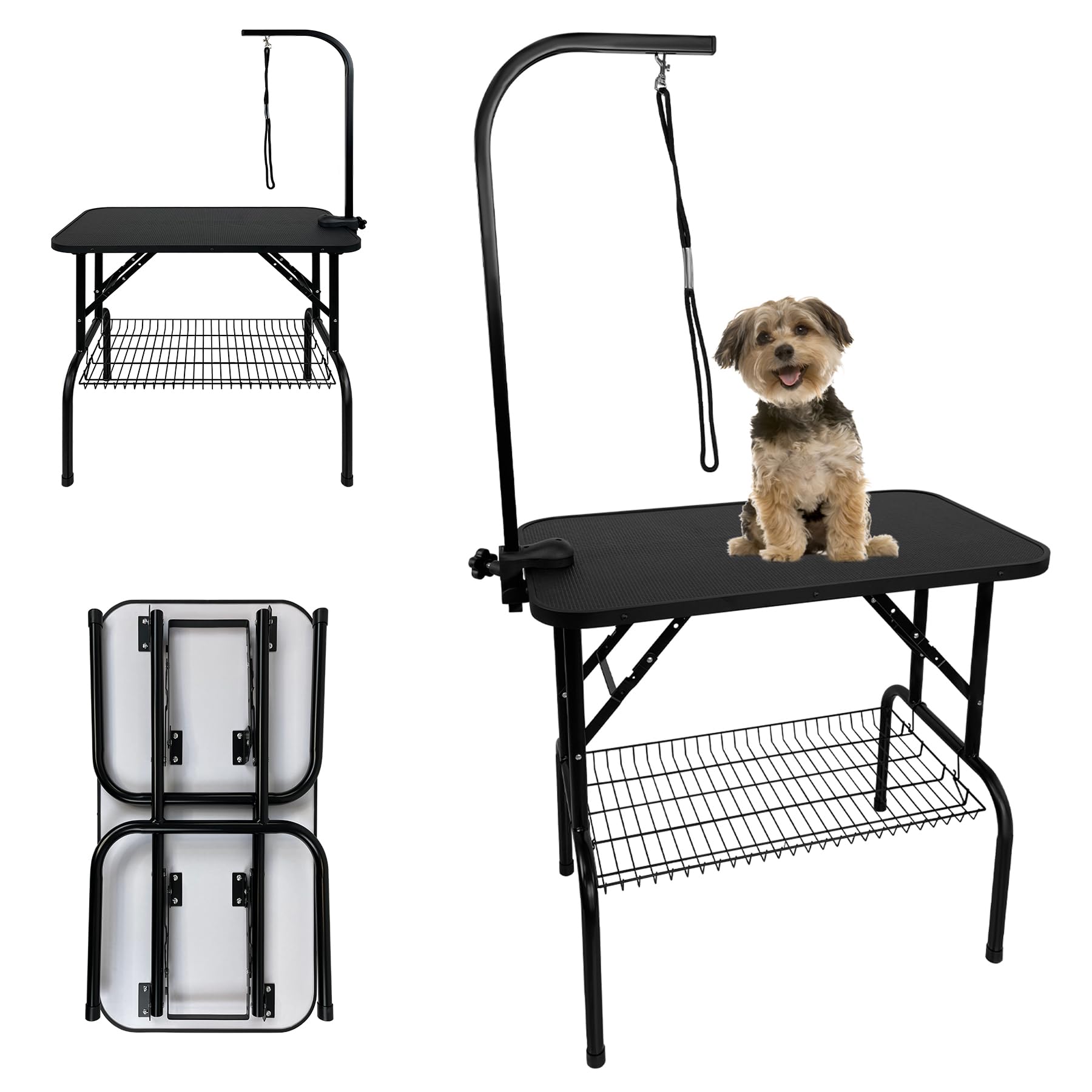 SUBTLETY Mesa de corte para perros y gatos, mesa plegable para el cuidado de mascotas, con correa giratoria de 360° y 1 bucle, altura ajustable, mesa para el cuidado de perros, mesa de peluquería para