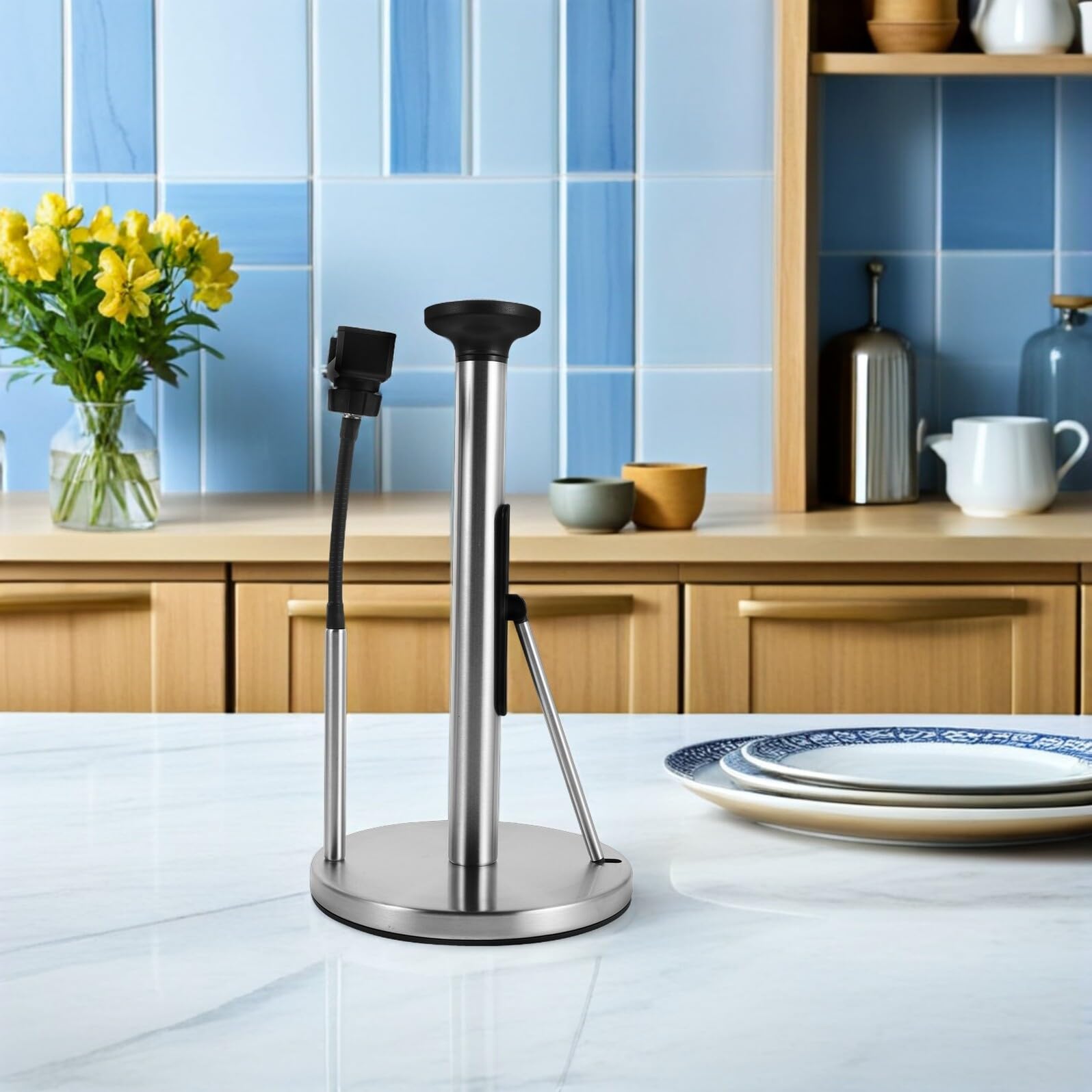 SOLUSTRE Portarrollos de Toallas de Papel de Cocina de Acero Inoxidable Cepillado, Soporte Vertical con Base Estable y Soporte para Teléfono Móvil, Dispensador Multifuncional para