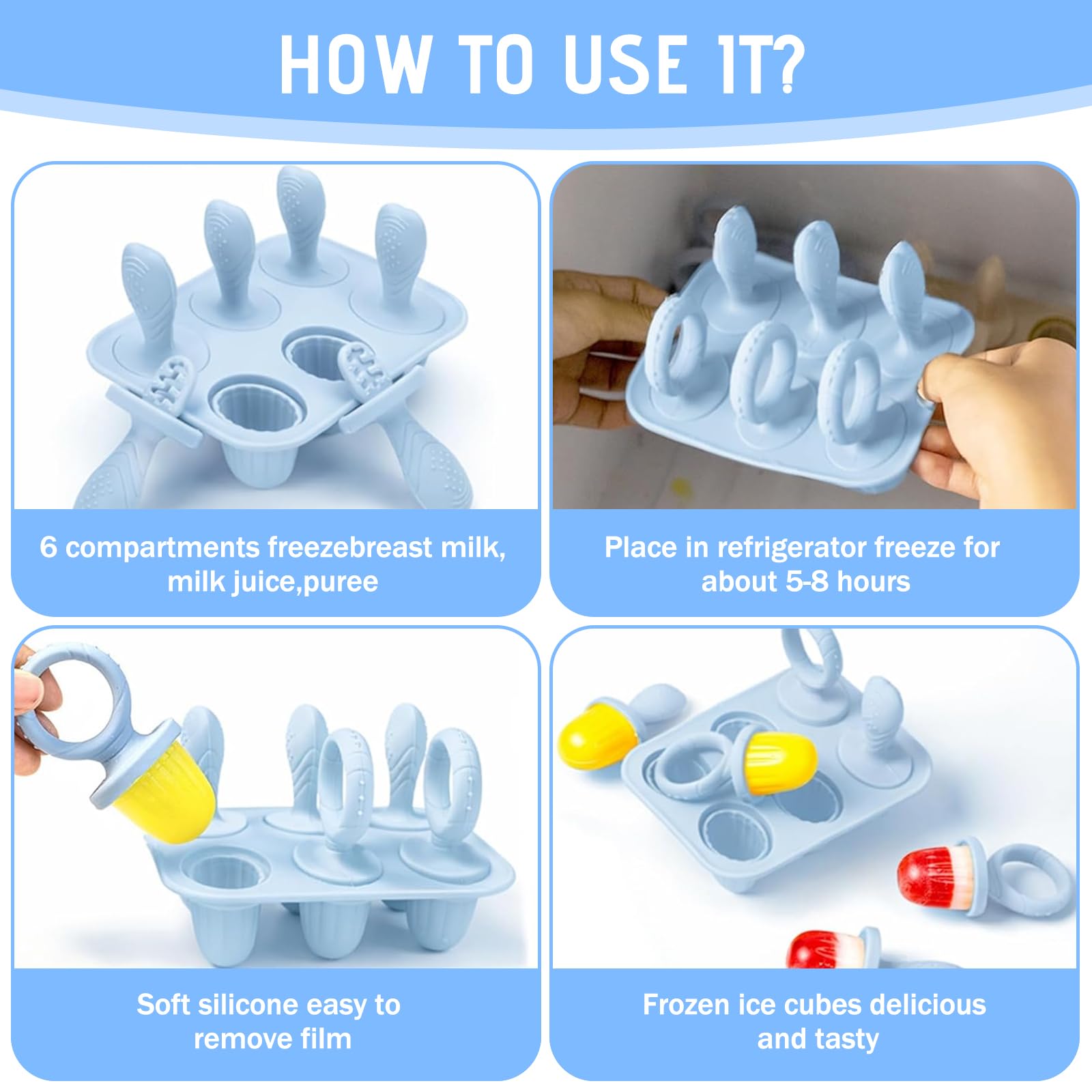 Molde Helado para Bebé, 6X 17ml Mini Moldes Helados Niños Moldes Pequeño Helados y Polos de Silicona Libre de BPA, Fáciles de Limpiar, Ideales para Puré de Frutas y Leche Materna
