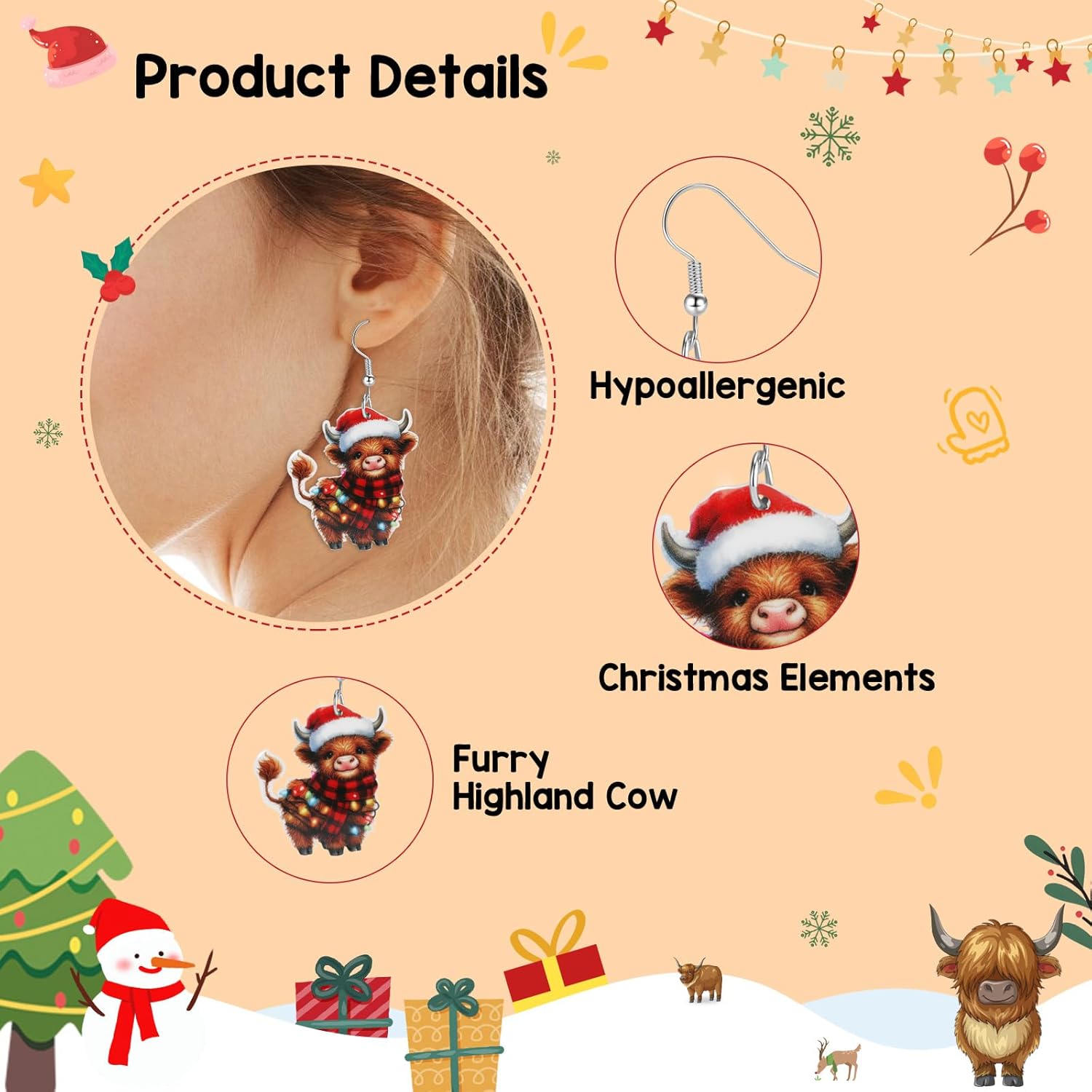Funny Christmas Earrings for Women Cute Xmas Highland Cow Acrylic Dangle Earrings Christmas Jewelry Gifts Party Outfits Accessories (Green) - Image 3