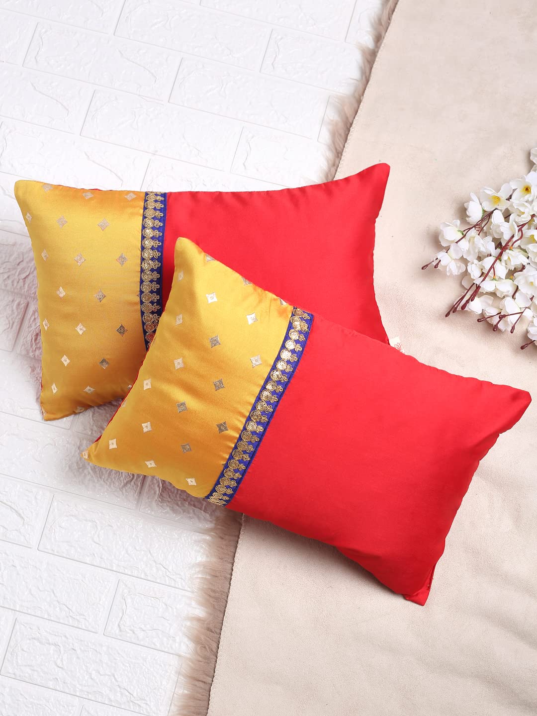 Saka Designs Set of 2 Red and Yellow Gold Print Cushion Cover - Sqaure