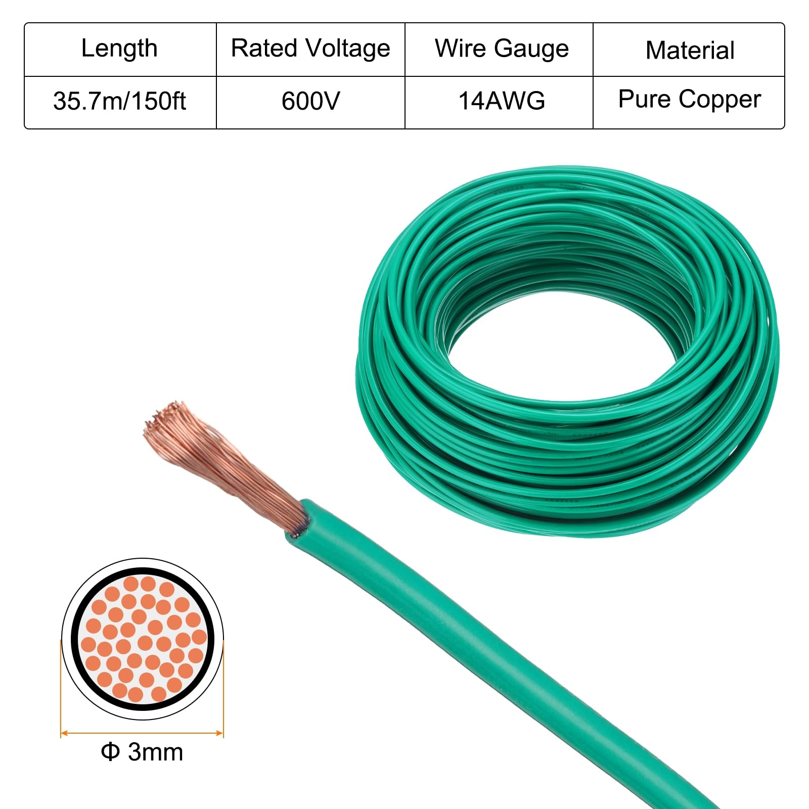 QUARKZMAN 150 stóp Kabel elektryczny z izolacją miedzianą pleciony 14 AWG Kabel przyłączeniowy THHN Kabel do dzwonka przemysłowego okablowania do przyczepy 600 V Listing UL Green