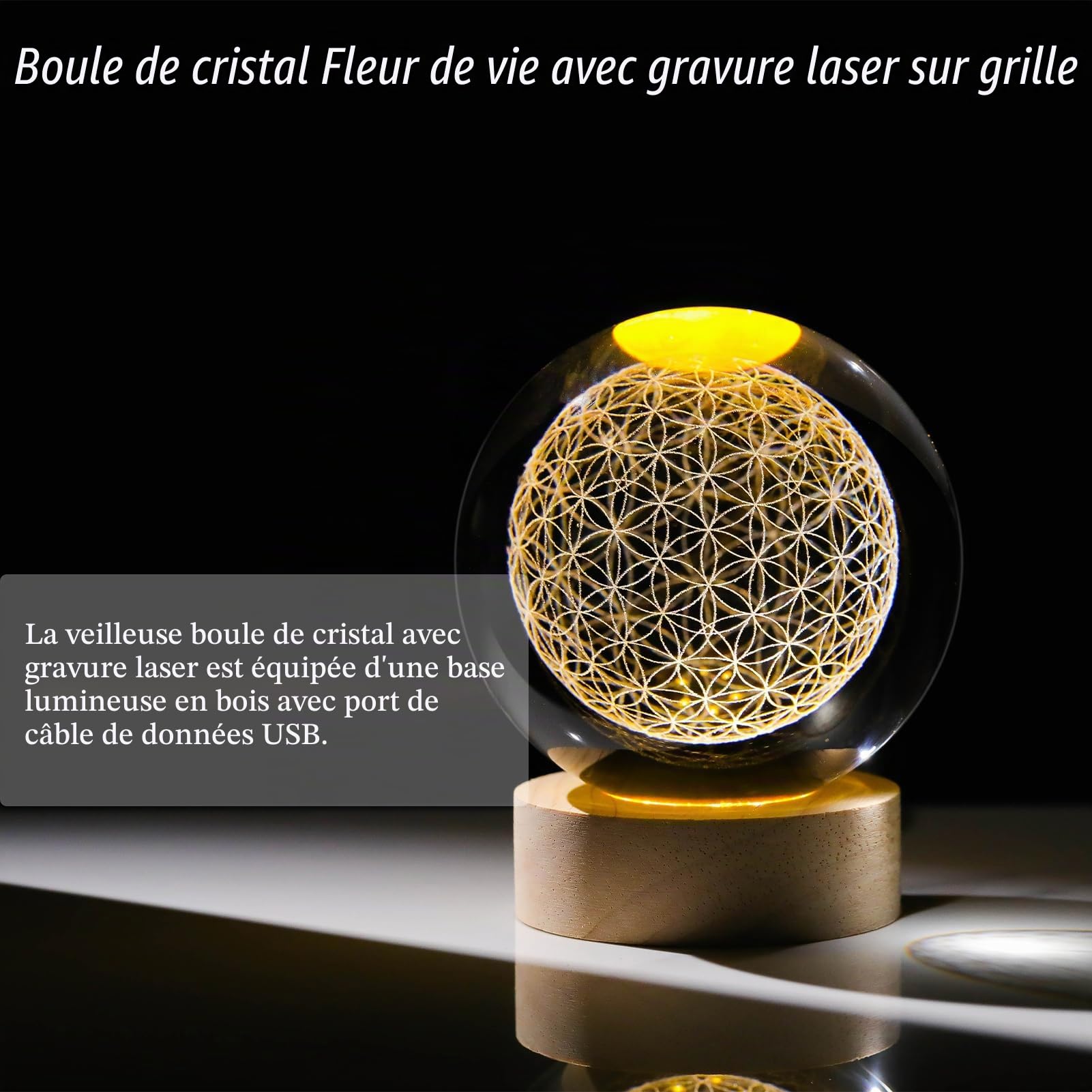 Arikyrist Boule de Cristal en Forme de Fleur de Vie gravée au Laser - Décoration d'intérieur - Géométrie sacrée - Presse-Papier - Cadeau pour Homme et Femme