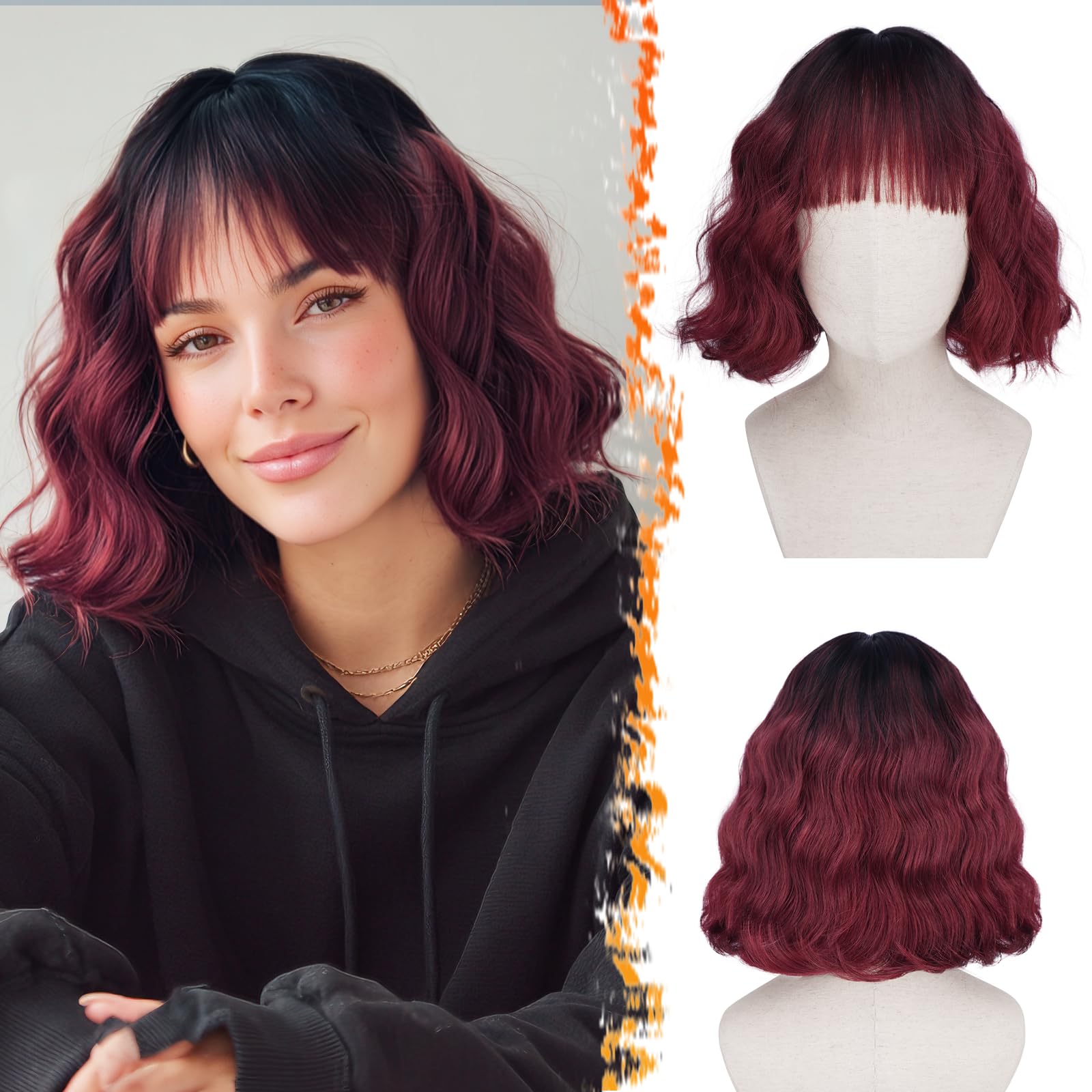 BARSDAR Short Wavy Ombre Red Wig with Bangs, Short Black to Red Ombre Bob Wigs for Women