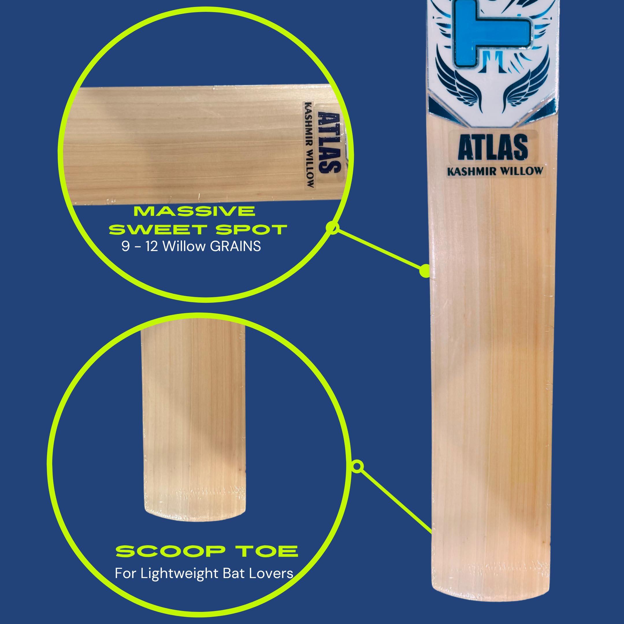 Titan Grade 1 Kashmir Willow Atlas Cricket Bat, Premium Handcraft Design, Rubber Grip, Concave Back Profile, Semi-Round Bottom, Full Size, Two Heavy Tennis Balls Free - Grade 1 Willow Cricket Bat