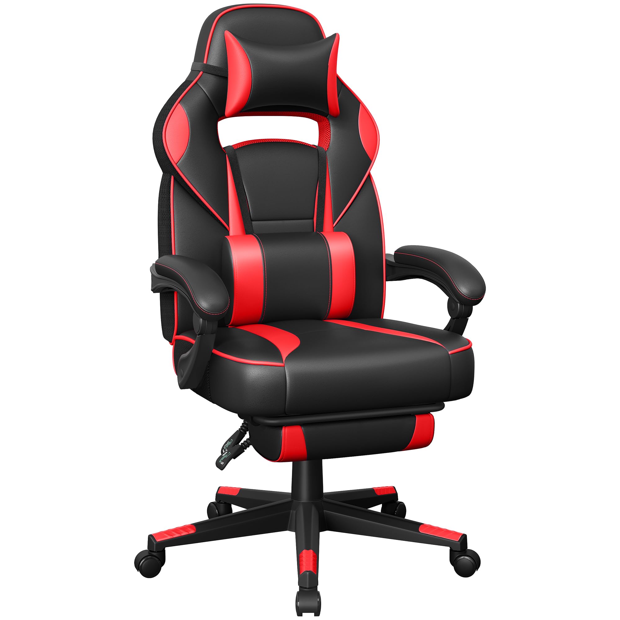 SONGMICS Fauteuil de Bureau, Chaise Gaming, RÉglable, Repose-​Pieds TÉlescopique, MÉcanisme À Bascule, Appui-​tÊte, Support Lombaire, Charge 150 kg, Noir d'encre et Rouge Fraise OBG73BRV1