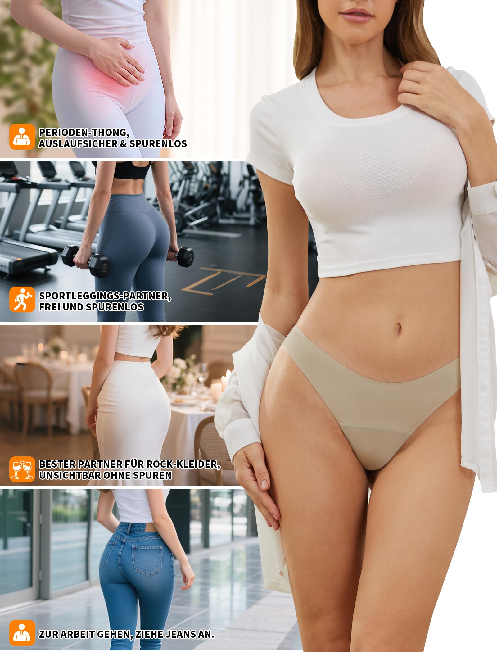 PoseFree Periodenunterwäsche Tanga für Leichte Blutung, Nahtlos Bequem - 3er Pack Unsichtbare Perioden Strings Damen (Größe S-XXL)