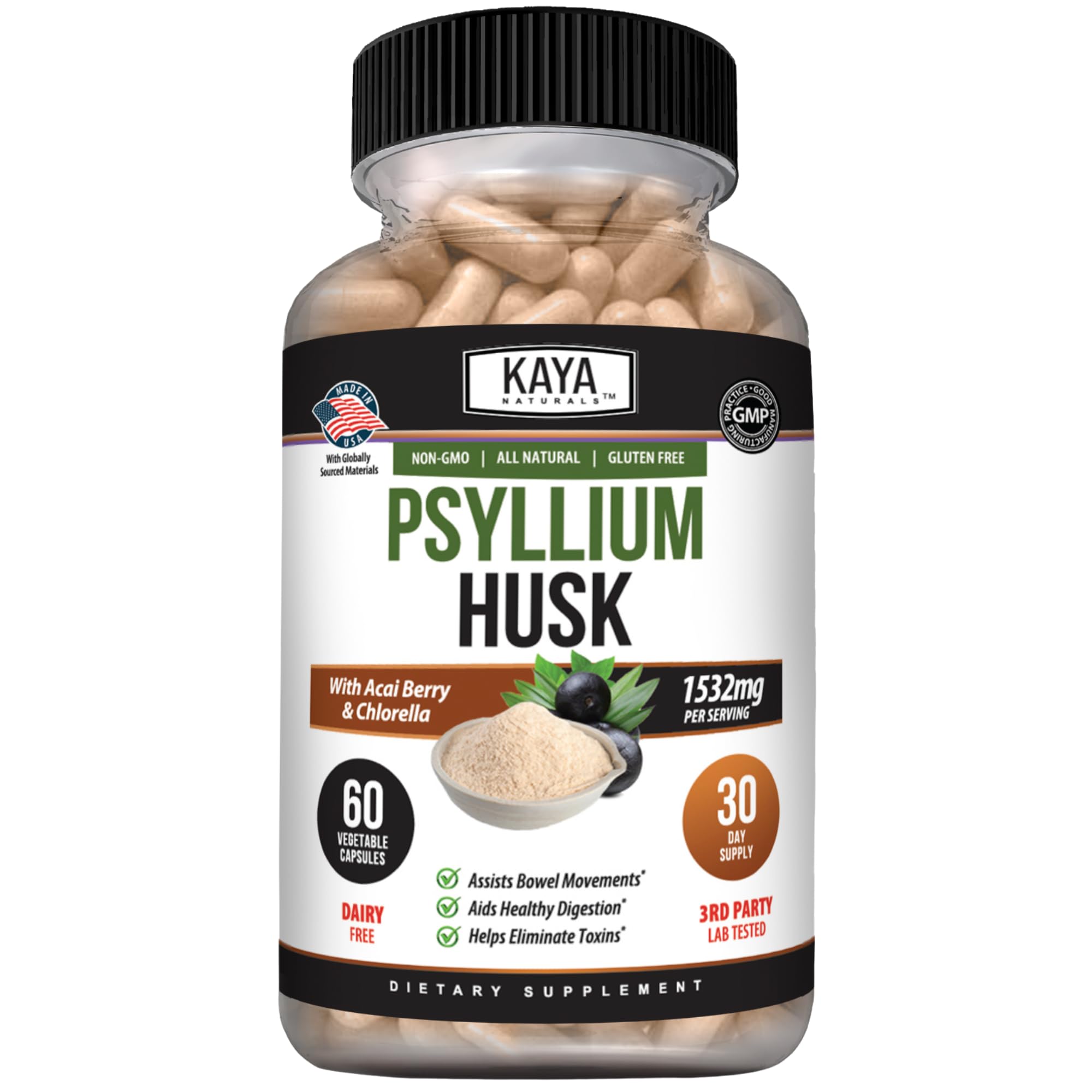 Kaya Naturals Psyllium Husk Capsules, Fiber Supplement, 1,532 mg, 60 Ct 60 Count (Pack of 1)