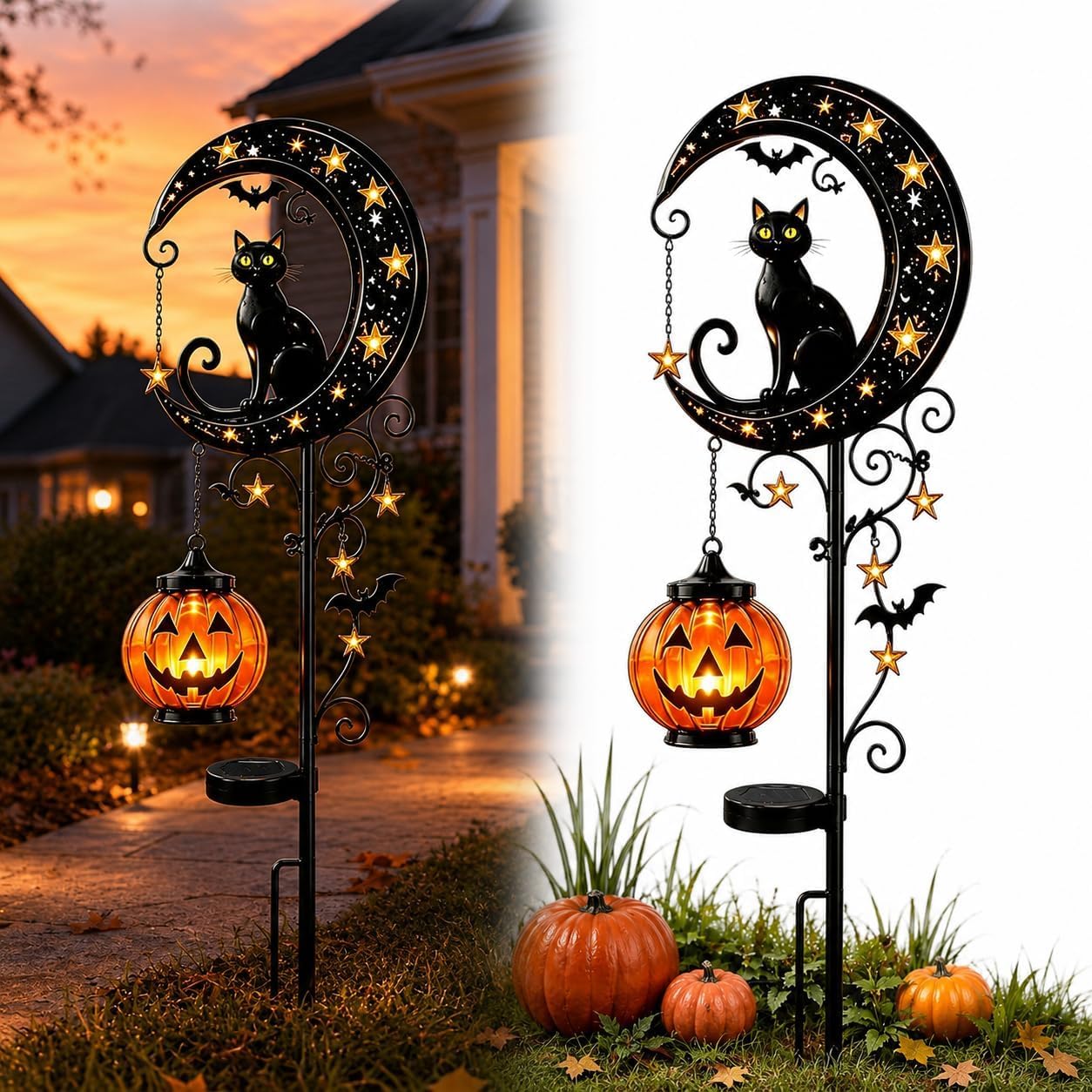 CliffofLove Solar Halloween Black Cat & Pumpkin Moon Garden Stake Light, Hanging Waterproof Outdoor Solar Halloween Garden Decoration with Black Cat, Lights for Patio, Yard, Lawn, Pathway (#A)