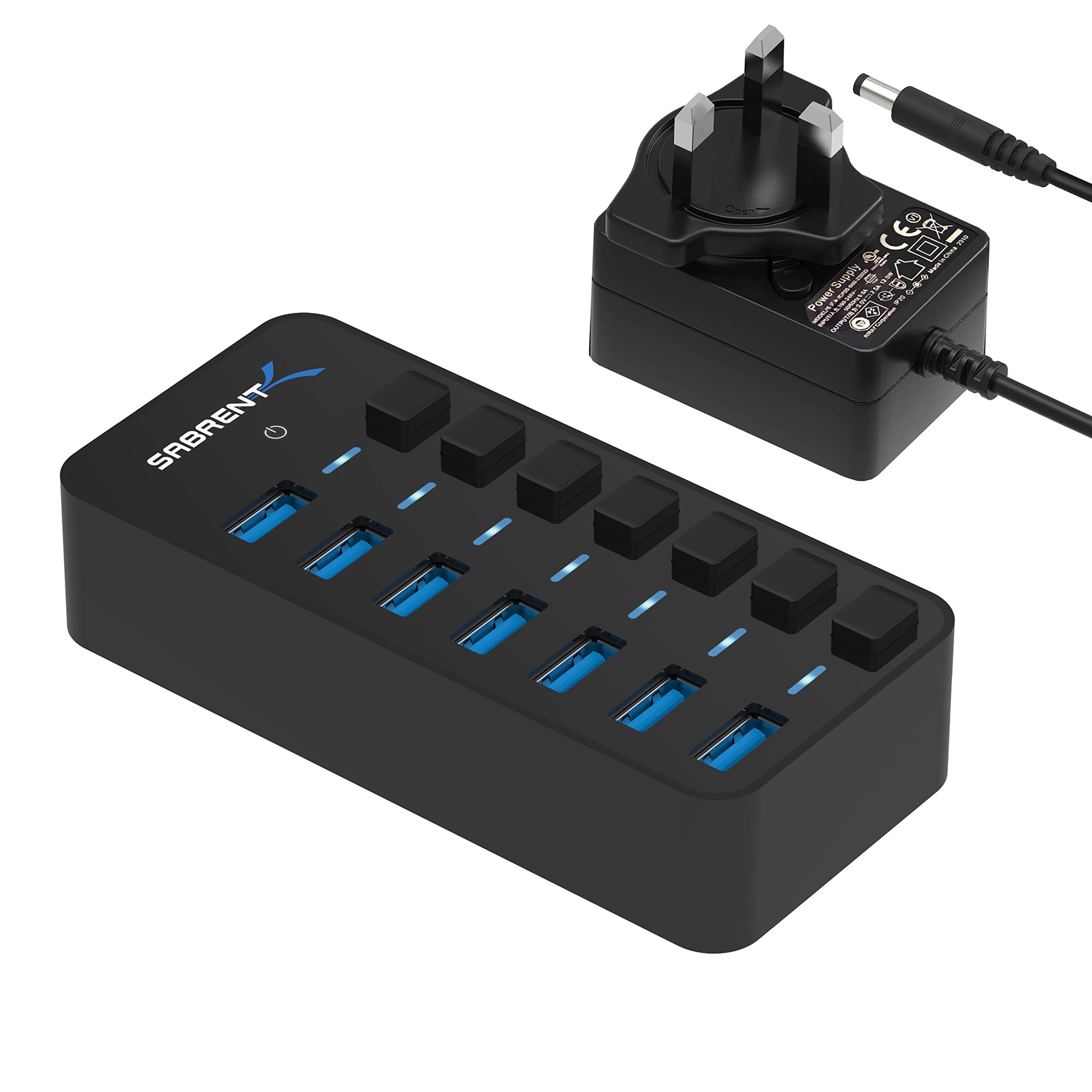 Sabrent 36W 7-Port USB 3.0 Hub with Individual Power Switches and LEDs Includes 36W 12V/3A Power Adapter (HB-BUP7)