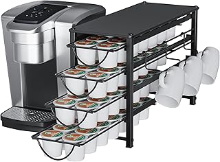 HFHOME Coffee Pod Organizer for Countertop, 4-Tier Metal Storage Drawer, Holds 56 Capsules, Coffee Station Holder for Kitchen, Office, or Home, 3 cup rack, Black