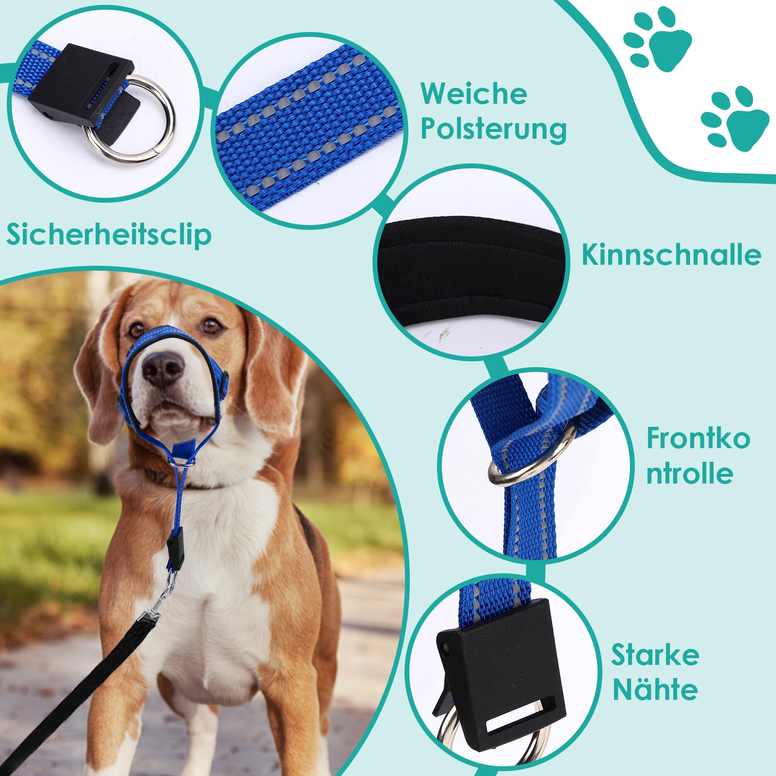 Halti pour chien grand, Harnais pour chien avec tissu rembourré, Harnais de tête Halti réglable anti-traction, Collier anti-traction doux pour chien grand (Bleu, L (Museau : 11,6-14,8 pouces))