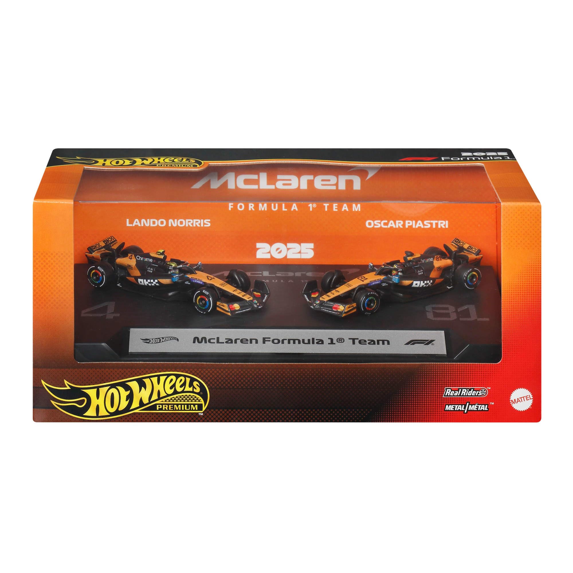 Hot Wheels Premium Formula 1 Toy Car 2-Pack, Set of 2 1:64 Scale Die-Cast McLaren Formula 1 Racecars Featuring #81 Oscar Piastri & #4 Lando Norris, JMM91