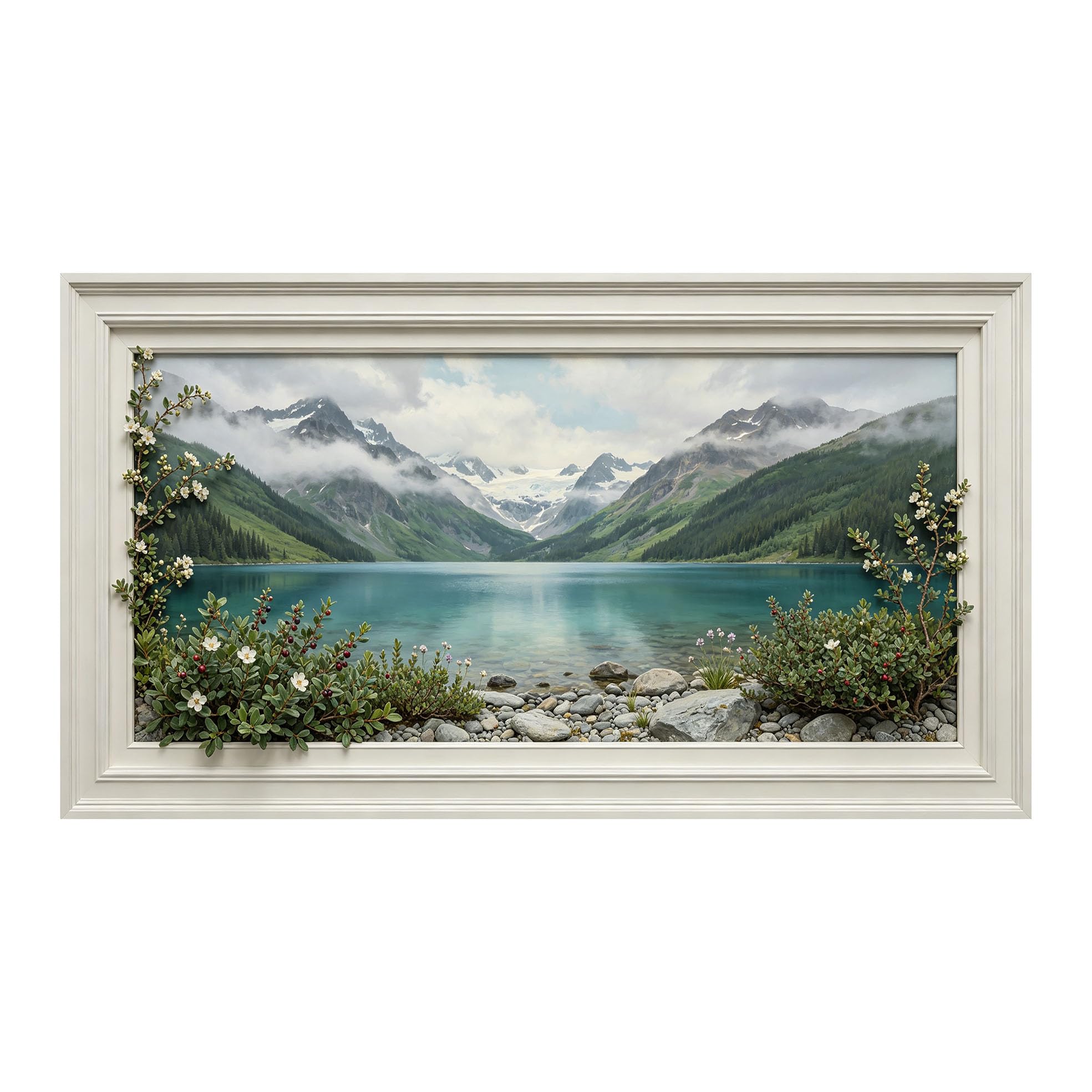 Yzpallescene 3D Framed Wall Art 50cm×100cm Mountain Lake Alpine Scenery Panoramic Window View Large Size SelfAdhesive Removable Wall Decor Prints Artwork for Living Room Bedroom Office