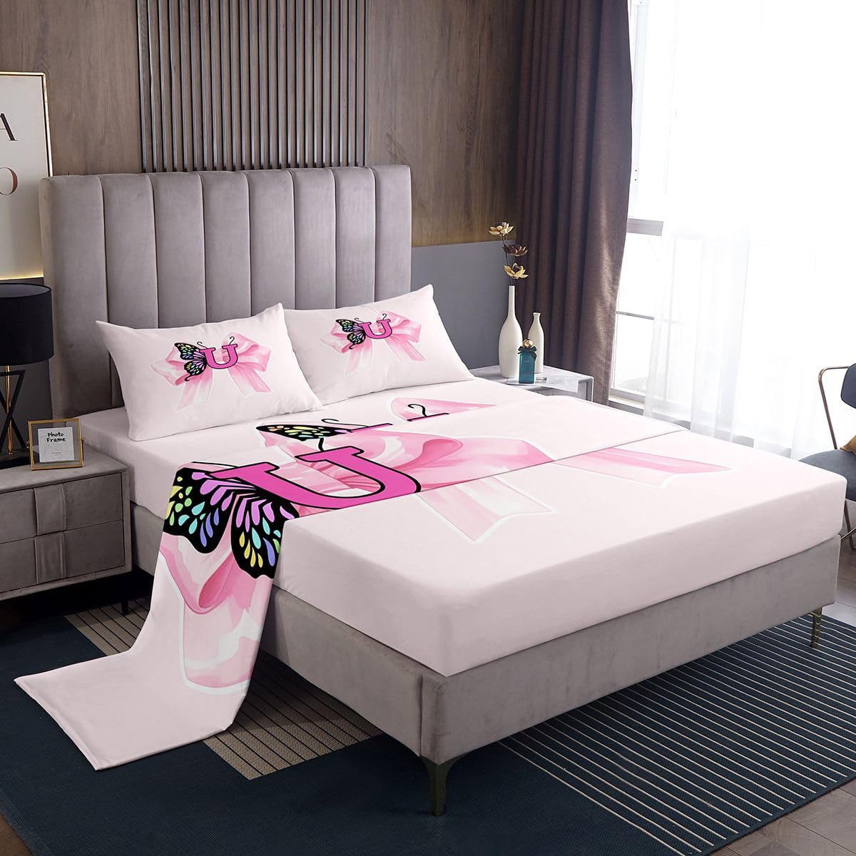 Erosebridal Pink Bowtie Bed Sheets Set Twin Letter U Sheet Set Butterflies Wing Cute Ribbon Bow Sheets Fashion Coquette Dreamy Bowknot Flat Fitted Sheet