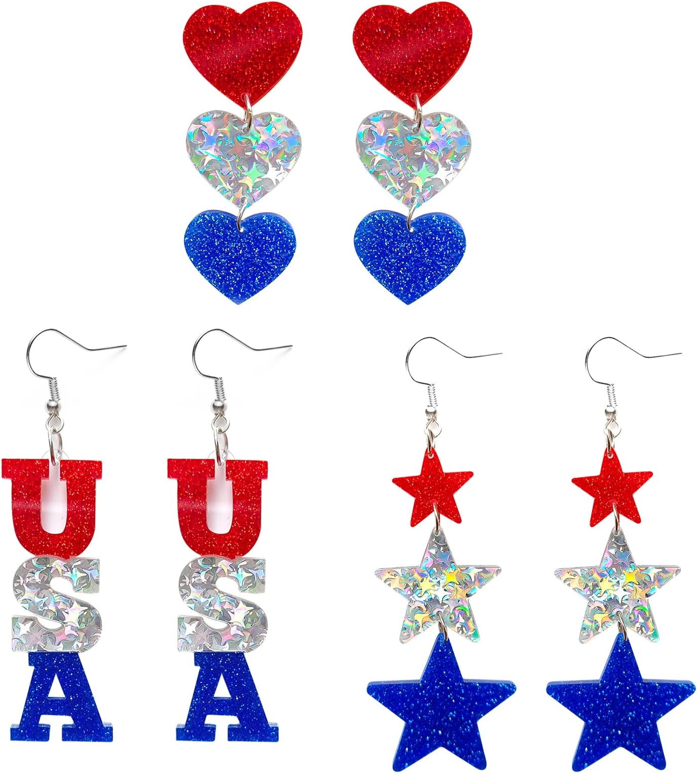 Patriotic Dangle Drop Stud Earrings 4th of July Glitter Red White Blue USA Star Heart American Flag Acrylic Jewelry Women Her Forth Independence Memorial Day Party Favor Gift