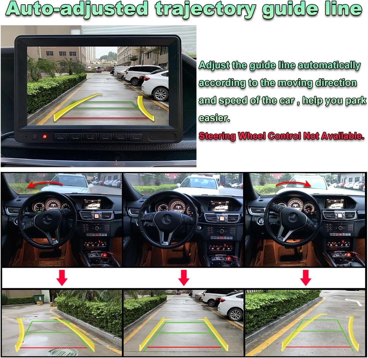 Image showing a car's rearview monitor displaying dynamic trajectory guide lines that adjust with the car's movement, not the steering wheel.