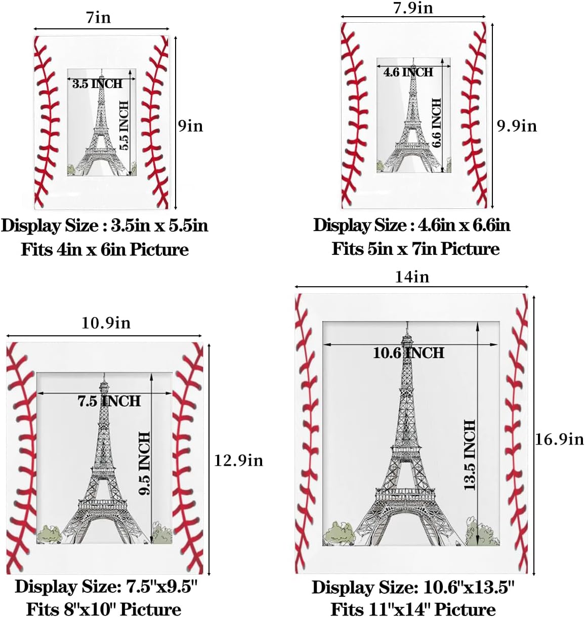 5x7 in Picture Frame Baseball Red White Stitching, Solid Wood With Mat Wooden Photo Frames, Photo Frames for Wall Mounting or Standing Table Top Family Baby Grandma Office Hotel Decoration