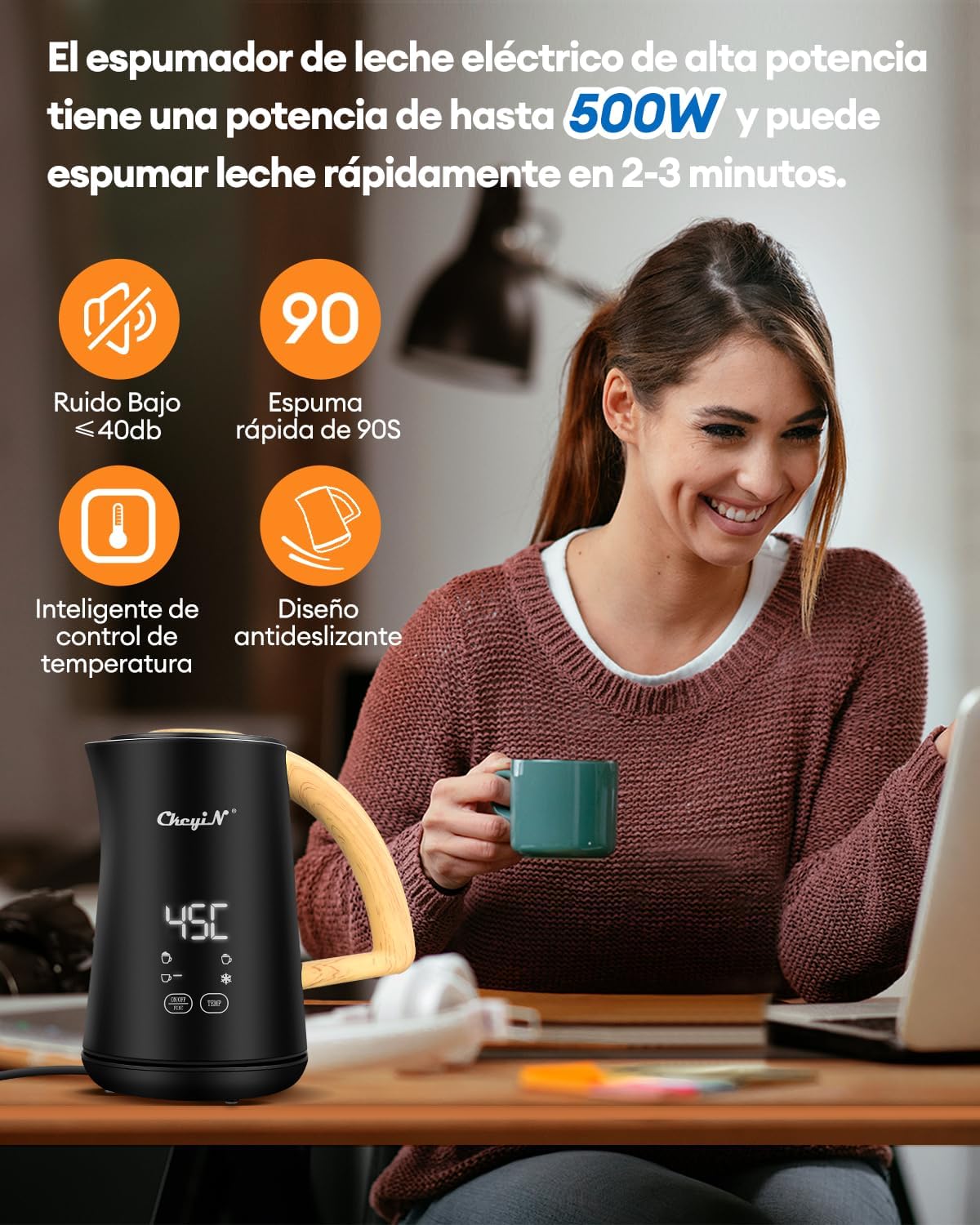 CkeyiN Milk Frother highlighting features: low noise, fast frothing, intelligent temperature control, and anti-slip design.