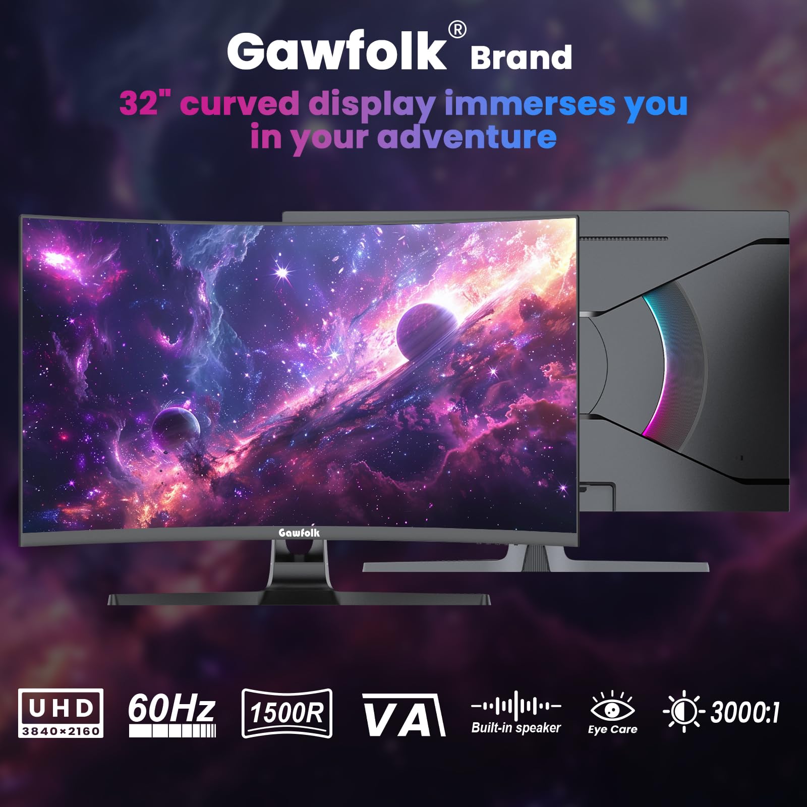 Gawfolk Monitor Curvo 32 Pollici 4K UHD (3840 x 2160), Pannello VA, 1500R, 60Hz Monitor PC con altoparlanti integrati, compatibile FreeSync e G‑Sync, 2× HDMI 2.0, 2× DP 1.4, VESA 100×100