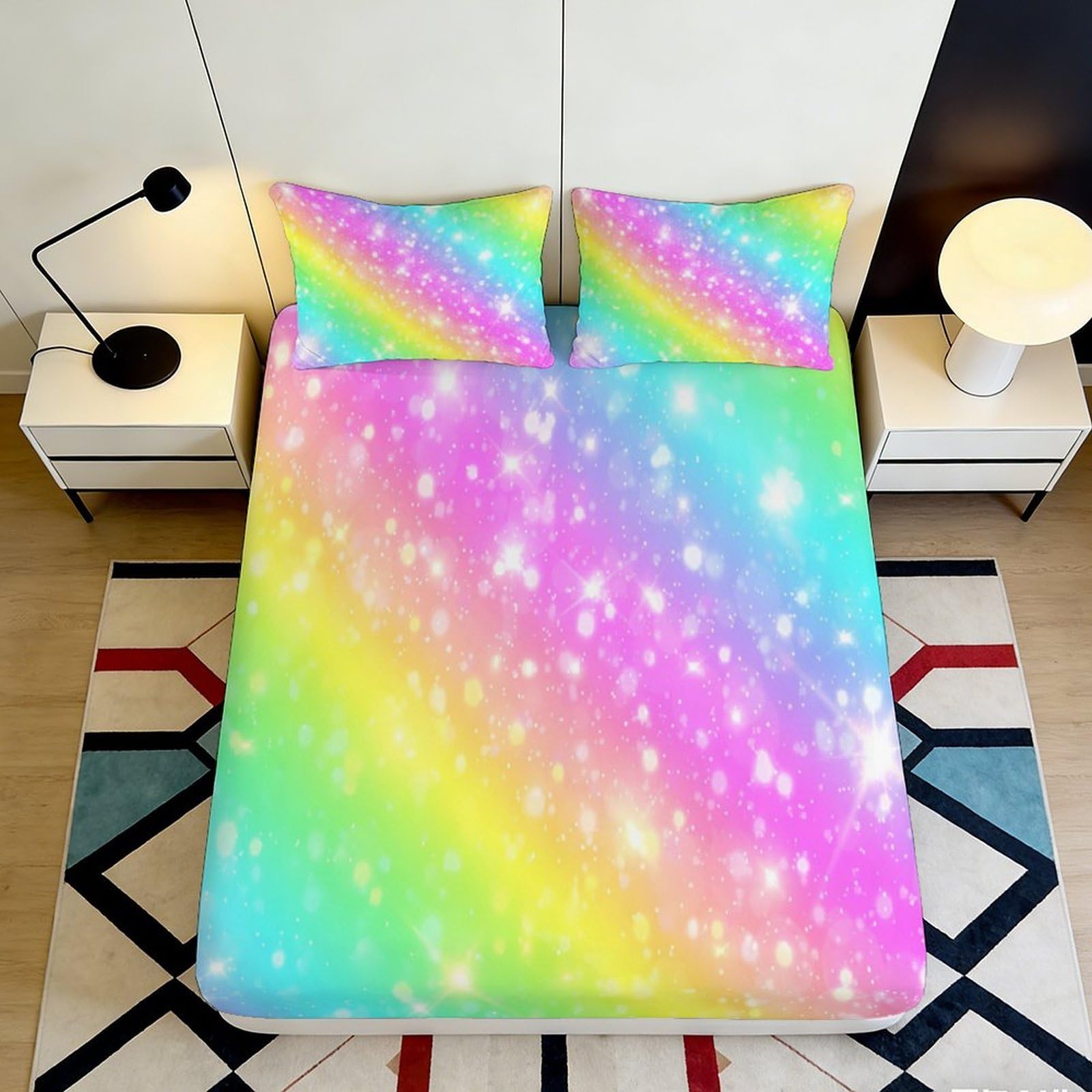 3D Printed Rainbow Galaxy Fitted Sheet Microfiber Soft Breathable Cosmic Nebula Bed Sheet for Bedroom Dormitory Guest Room Mattress Protection Decor 140x200x25cm