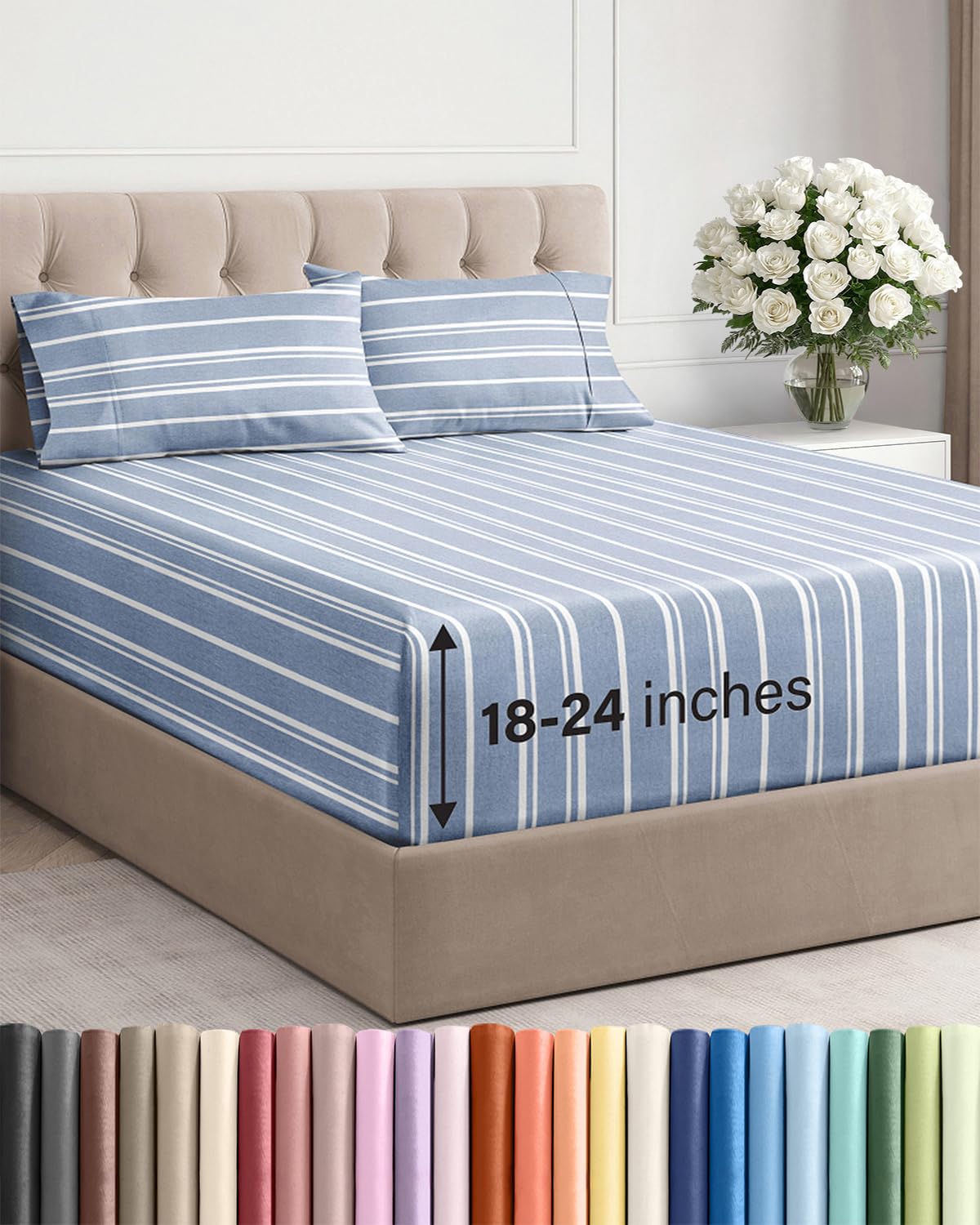 CGK Extra Deep Twin Sheet Set - 4pc Cooling Sheets - Blue Stripes