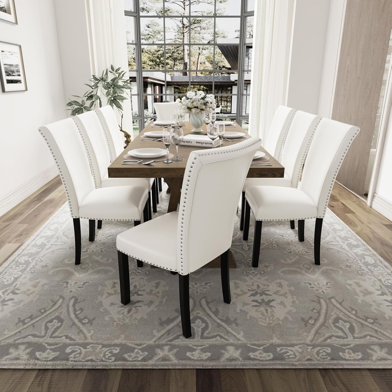 LEEMTORIG Set of 6 Upholstered Parsons Dining Chairs, Faux Leather Dining Room Kitchen Side Chairs with Nail-Head Trim for Living Room Bedroom Outdoor Lounge Guest Cafe, Ivory White CY-2258-WT