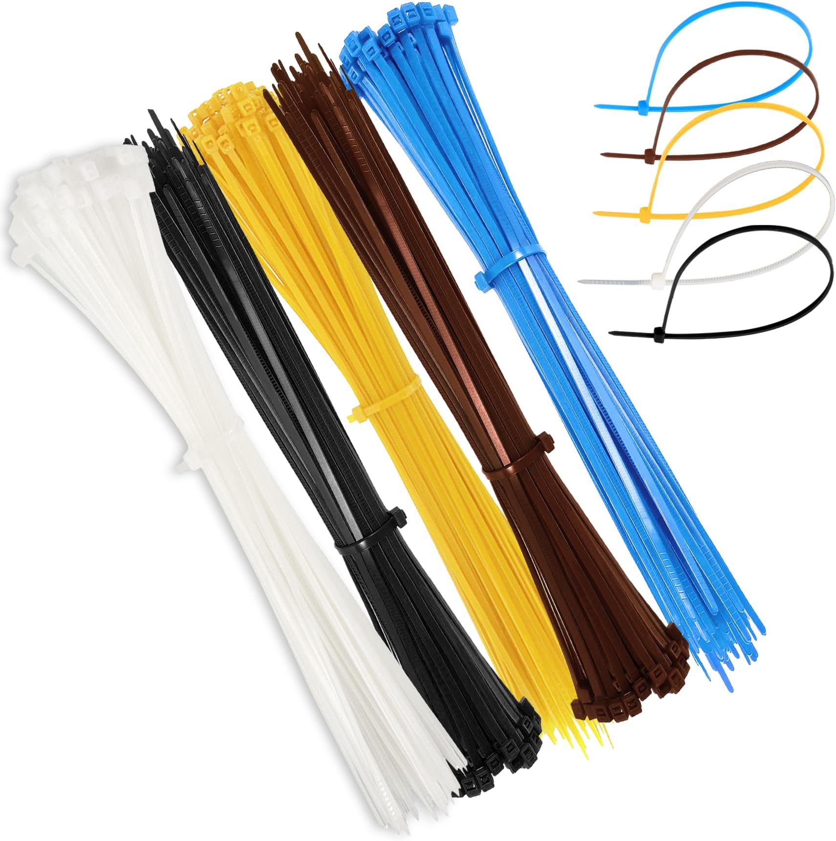 EKIND Cable Zip Ties 8 Inch - 100 Pack Self Locking Nylon Wire Ties for Electric Cables, Home, Office, Garage, Indoor and Outdoor Use (20 Pcs each, Black, White, Yellow, Blue, Brownish)