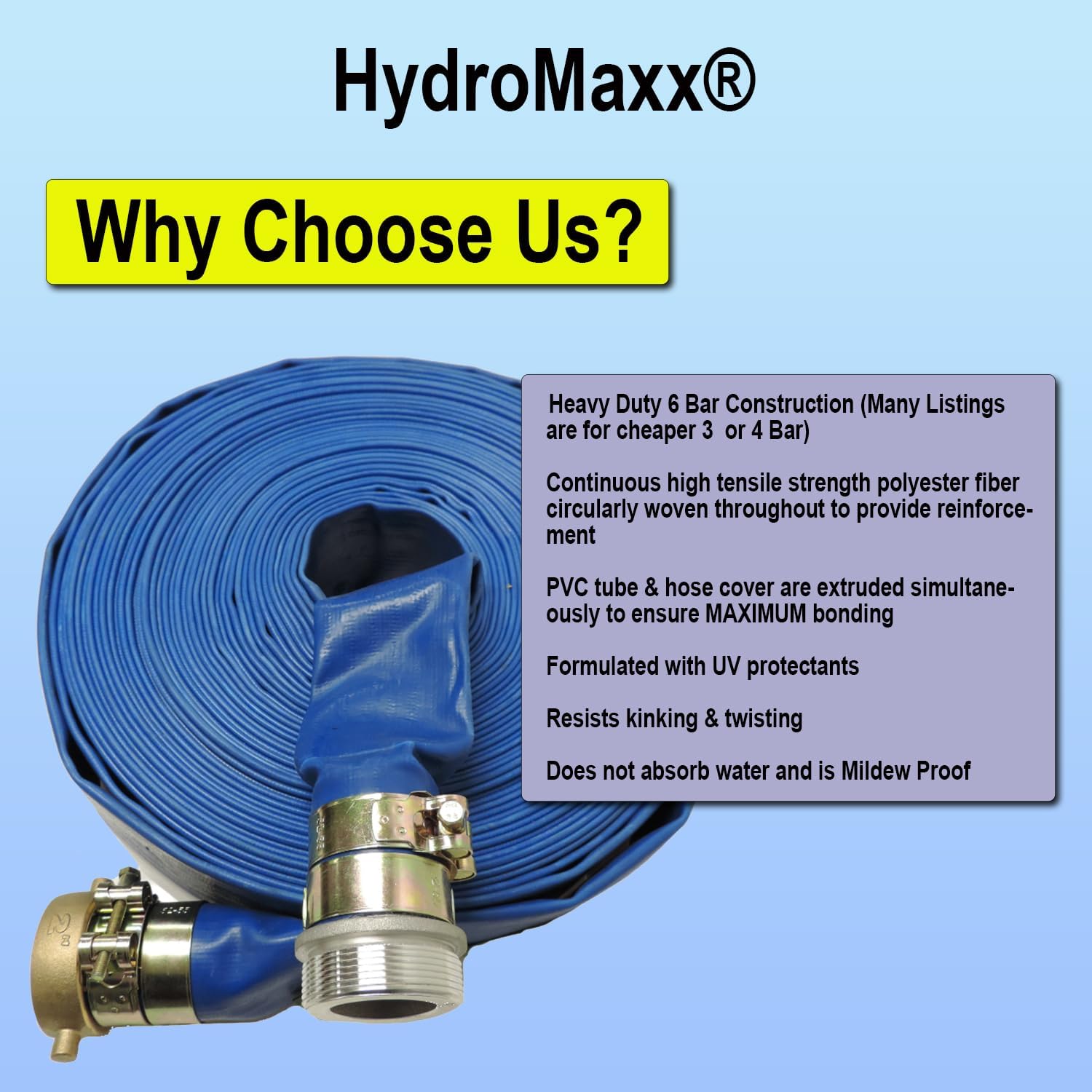 HydroMaxx® (3" Dia. x 100 ft) Heavy Duty PVC Lay Flat Water Discharge Hose with Pin Lug Connector by MaxxFlex