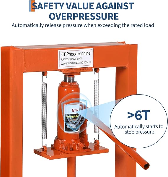 12-Ton Hydraulic Shop Press, H-Frame Pneumatic Benchtop Hydraulic Shop Press with 2 Press Plates, Adjustable Height for Garage, Workshop, Orange